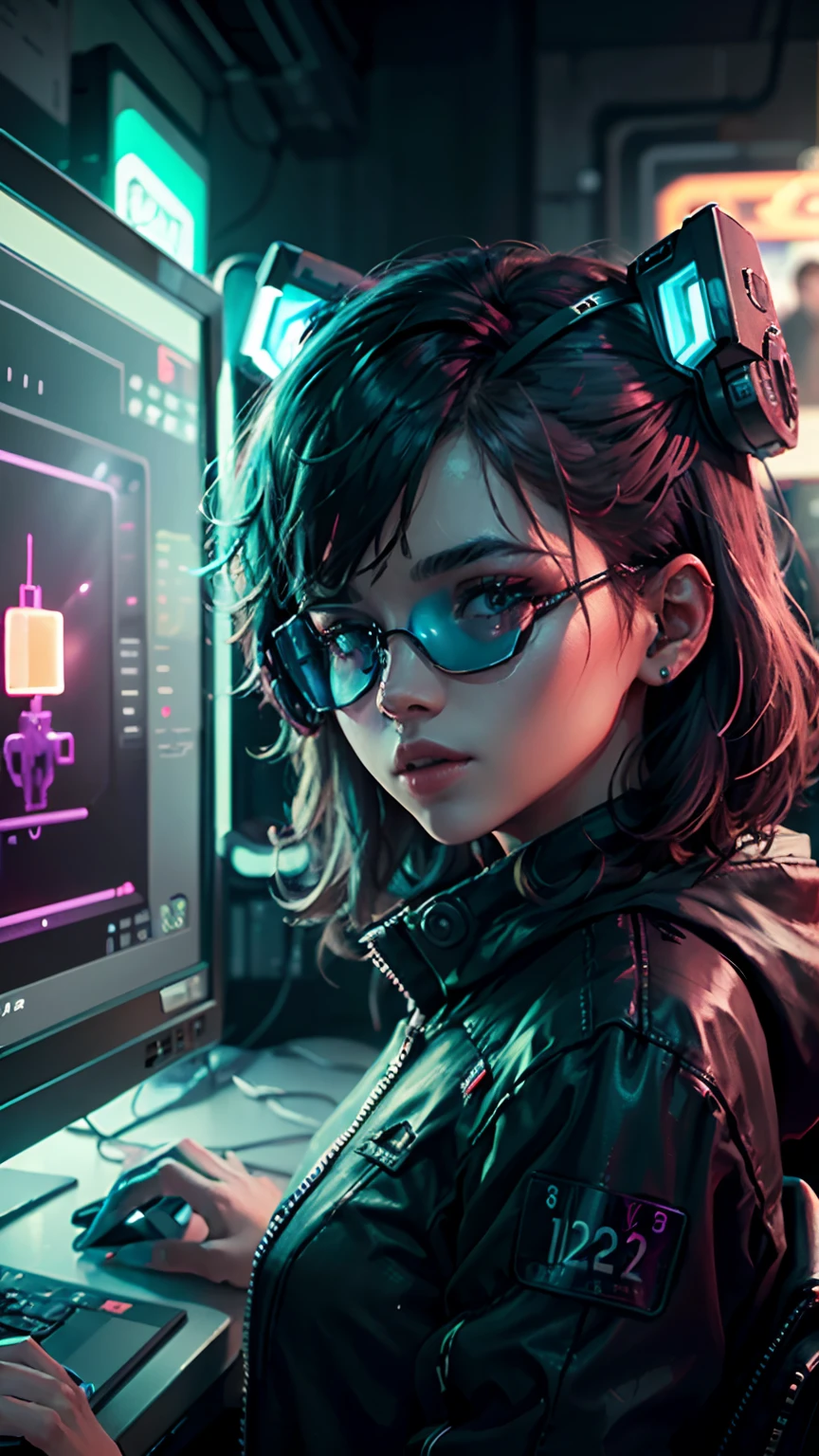 ((Best quality)), ((masterpiece)), (highly detailed: 1.3), 3D, NeonNoir, cyberpunk ming the head mounted display that is thick and hi-tech: 1.2), using a cover, hacking a computer terminal, PURPLE NEON MONITOR LIGHT, GREEN NEON SIGNS ON THE WALL,