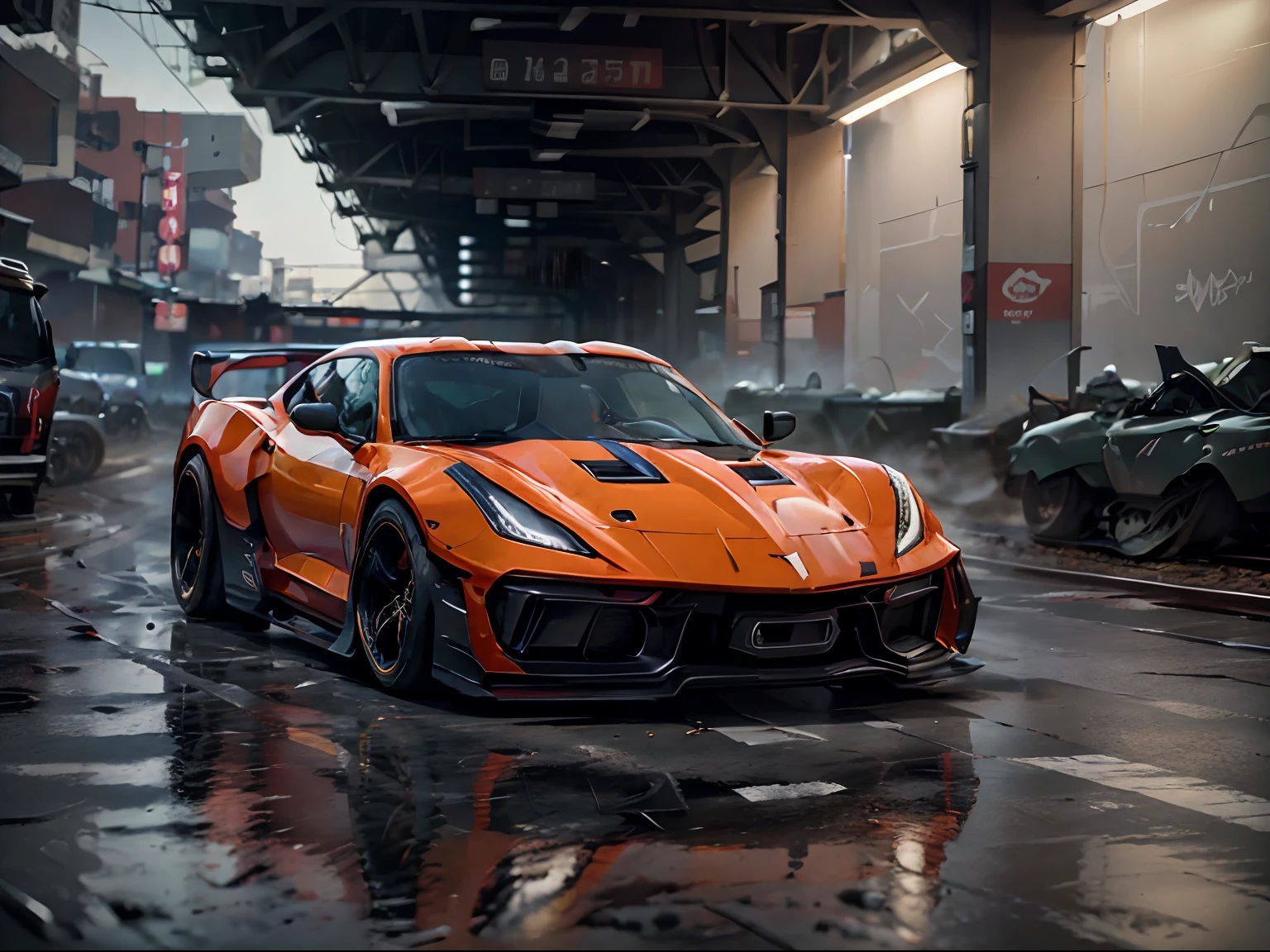 2023 Chevrolet Corvette, red car, two hidden machine guns in front bumper, racing in New York subway rail tracks, gritty lighting, action photo, solo, cowboy shot, zeekars