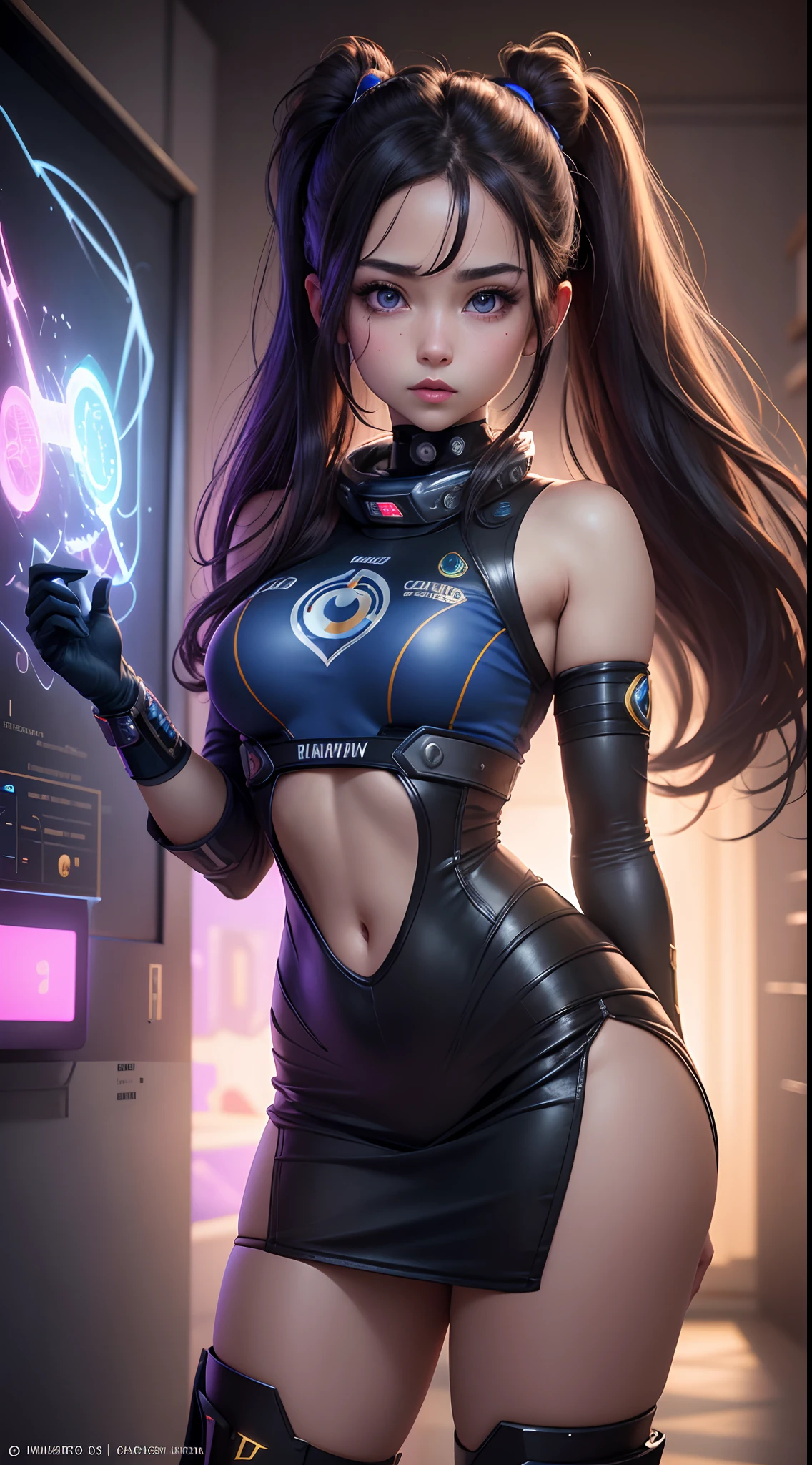 bunny ears，a girl，Bunny sexy costume, Rabbit tail，meatball head，a girl跪着，photo photo，Unreal Engine 5 Realistic Rendering,(cover comic magazine:1.6)，game character, role player, pretty face, arm tattoo，chest tattoo，ace of spades，Tattoo of the abdomen，body surreal，thick muscular，excellent!! Types with bobelon, big case, Body moisturized and shiny, short black hair，Black latex clothing，business attire，Purple Heart，MILFs，black garters，side view，Distortion angle of view