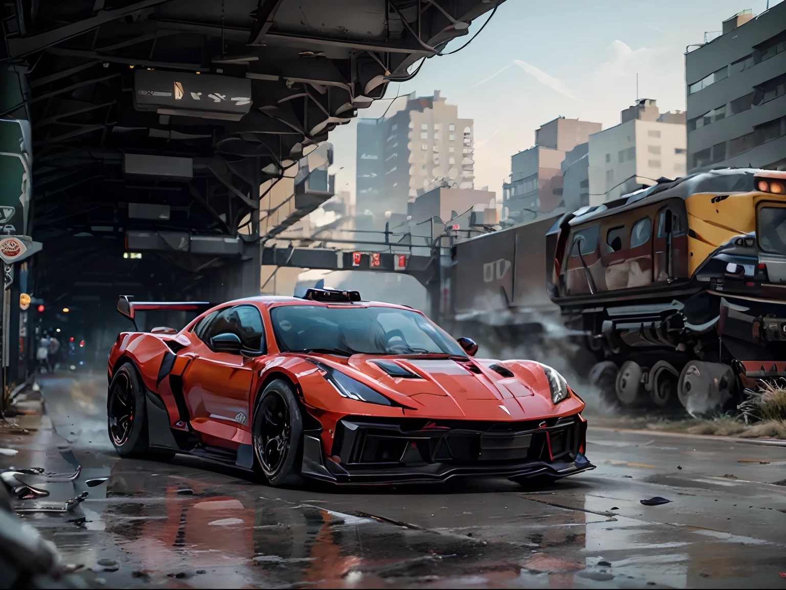 2023 Chevrolet Corvette, red car, two hidden machine guns in front bumper, racing in New York subway rail tracks, gritty lighting, action photo, solo, cowboy shot, zeekars