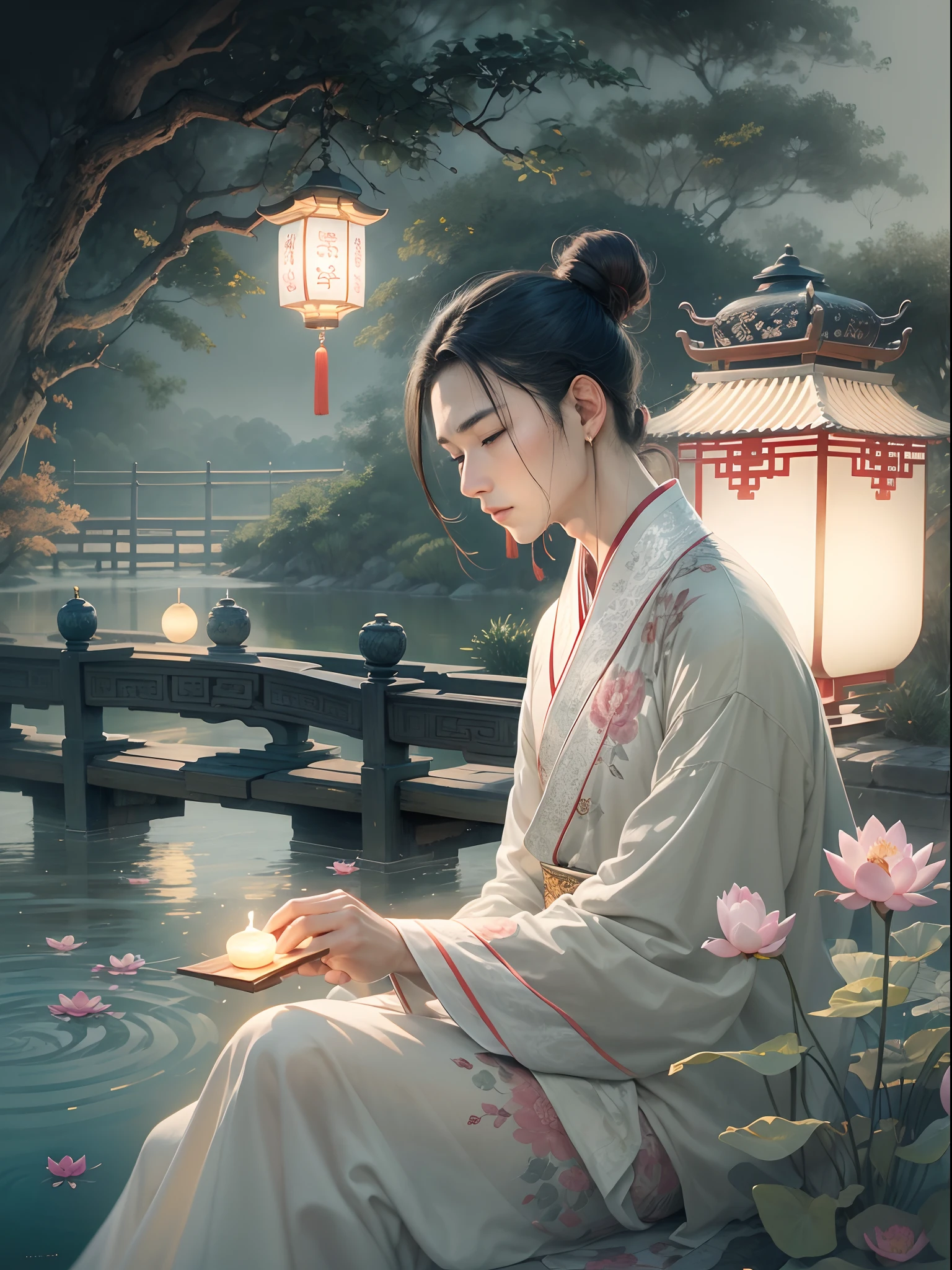 (photorealistic,highres) handsome man, moonlit view, traditional Chinese attire, delicate facial features, elegant posture, tranquil garden, ancient architecture, blooming lotus, soft moonlight, graceful movement, nostalgic atmosphere, ancient Chinese beauty, serenity of the night, traditional Chinese music, poetic mood, gentle breeze, ethereal scene, mystical charm, ink painting style, traditional lanterns, bamboo grove, peaceful reflection, harmonious balance, cultural heritage, tranquil meditation, timeless elegance, poetic symbolism, delicate brush strokes, artistic expression, aura of wisdom.