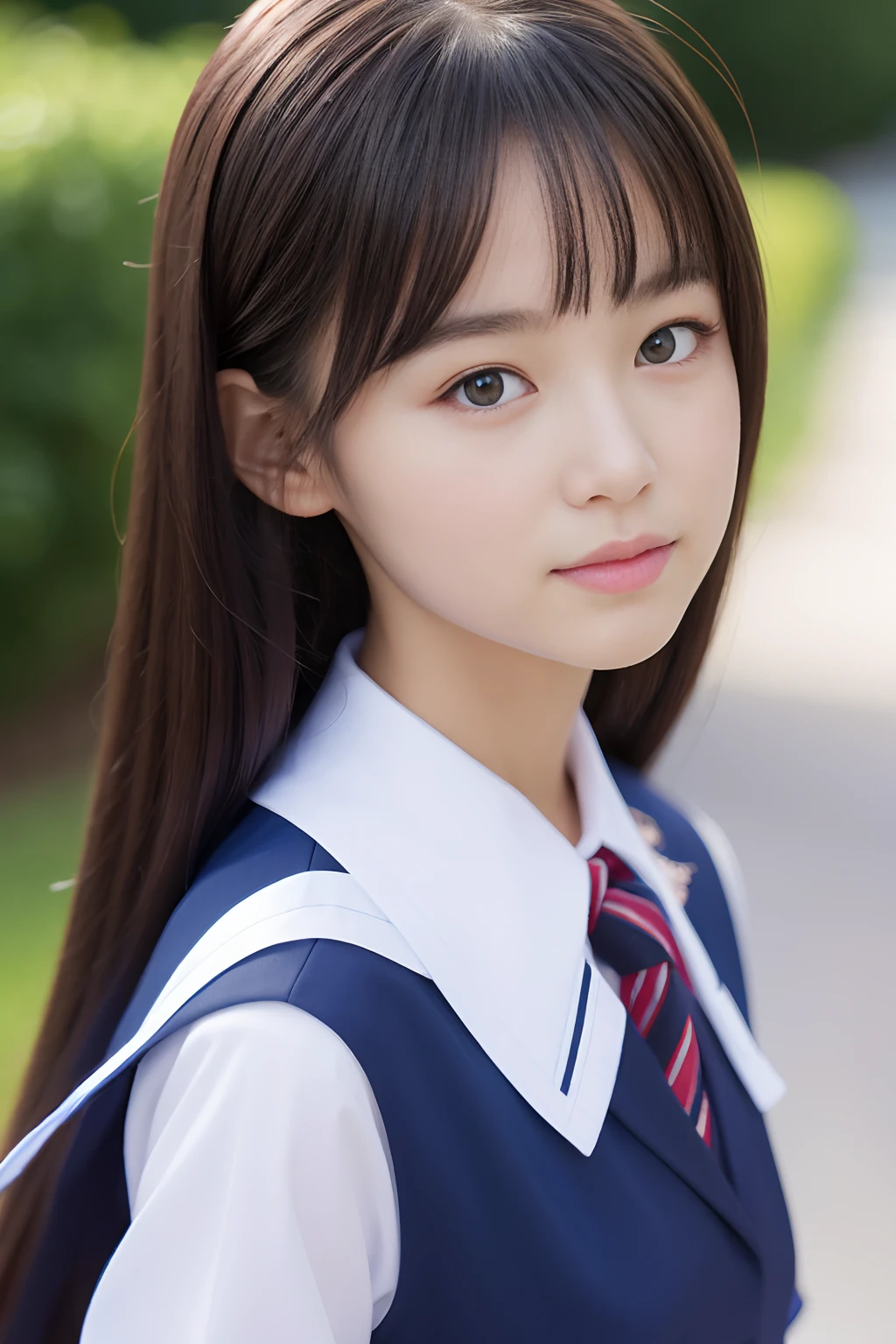 Beautiful girl in 8K in summer uniform with double eyelids is looking back