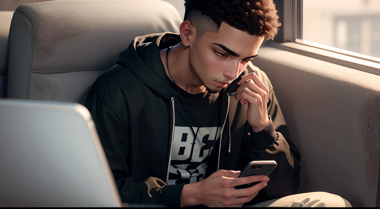 Young man staring at the cell phone he holds in his hand, aflito, moletom