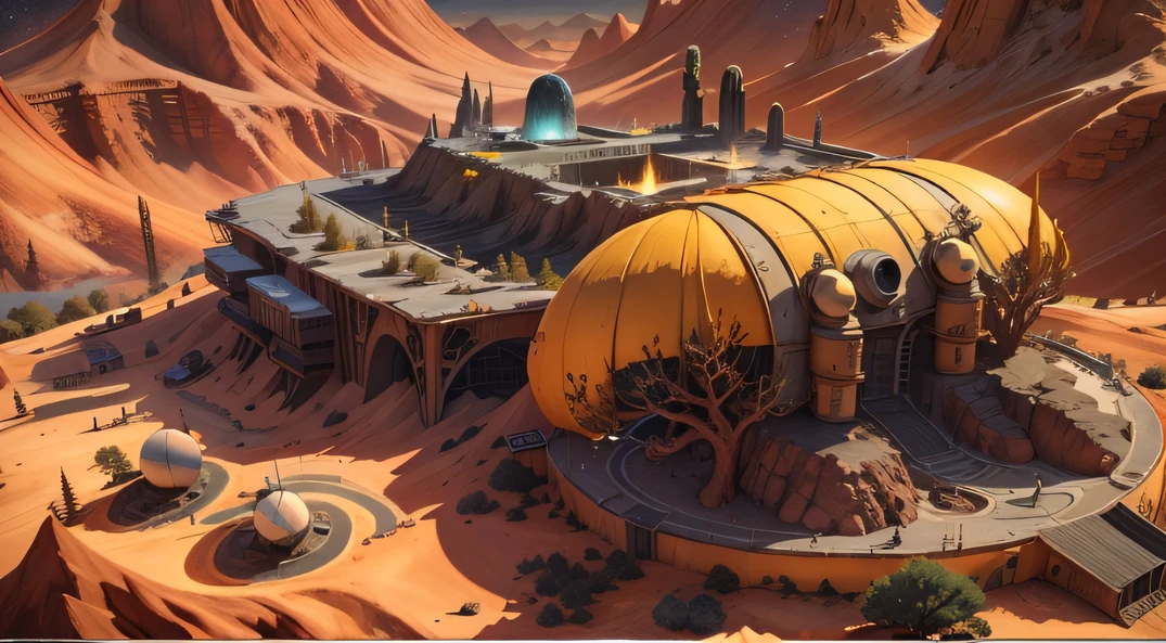 Alien Fall Base (Very detailed) In the mountainous desert，There are several exhaust fans and yellow chimneys, Some neon lights come out of the base to illuminate the dark place, (Extreme nights), Some clouds in the night sky, Some of the surrounding planets provide air to unknown planets，The farthest giant volcano is erupting