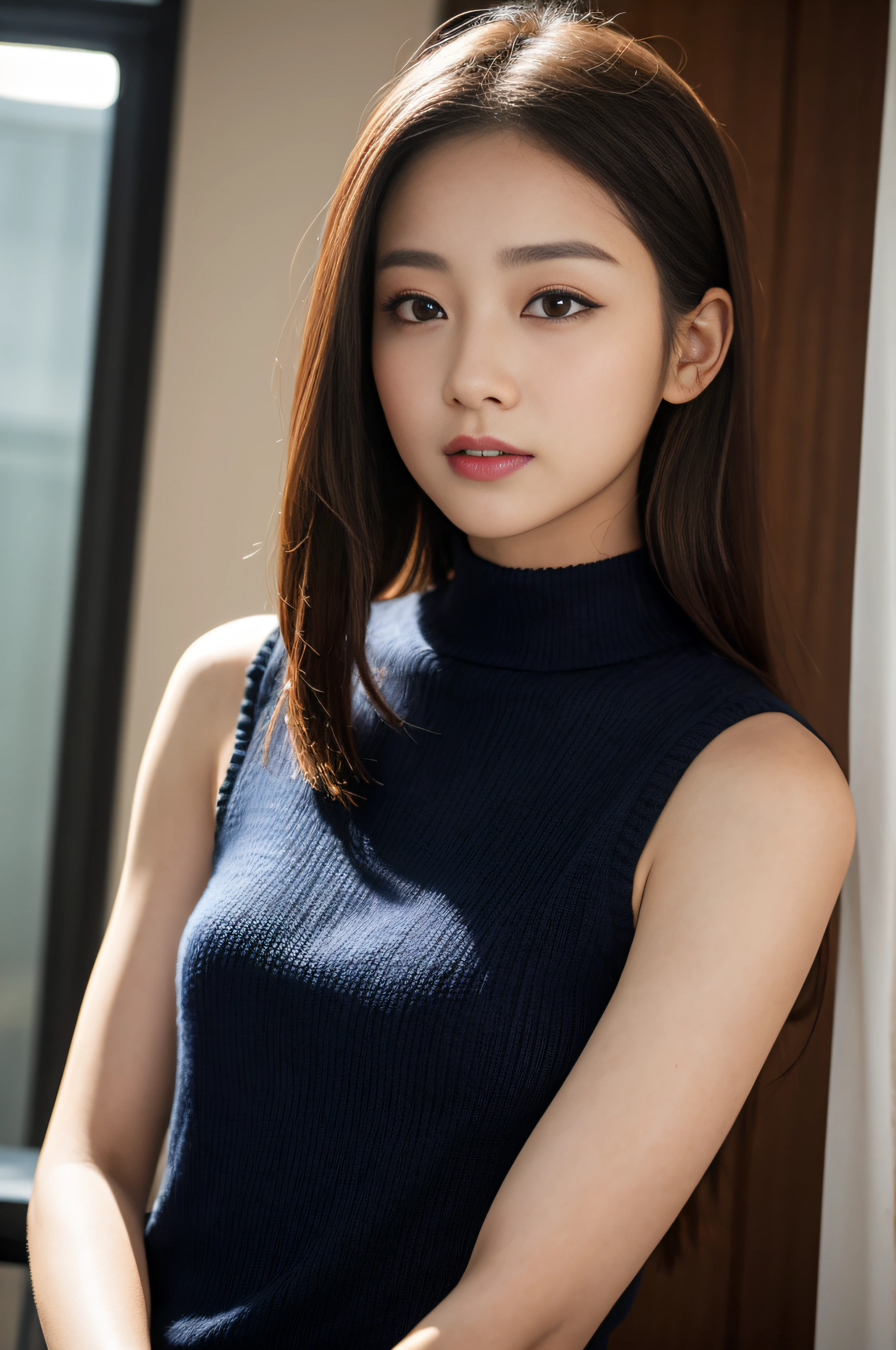 ((best qualtiy、8k masterpieces:1.3))、foco nítido:1.2、(ultra beautiful faces:1.0)、(shinny skin:1.0)、photos realistic、A dark-haired、Video Lighting、High-definition eyes and face、Video Lighting、(Korean Cute Actress)、from the front side、medium large breasts、ssmile、Sleeveless、Slender Abs Beauty、Wearing a tar neck knit