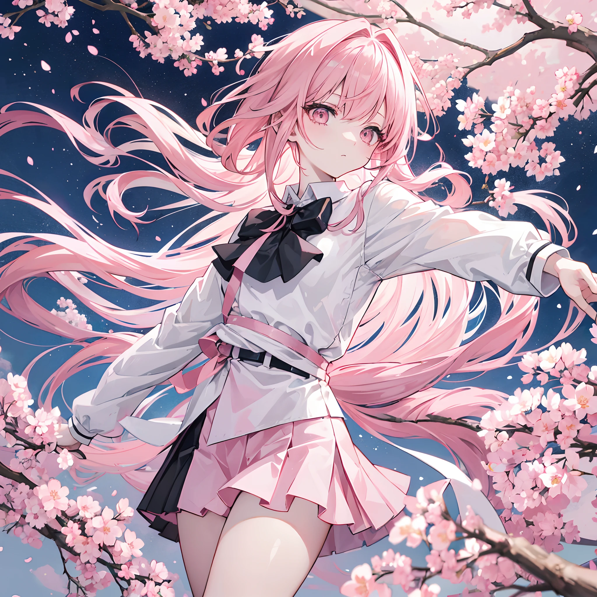 Two-dimensional anime wallpaper,Long pale pink hair,,Cherry blossom hair accessories,girl,White short-sleeved tie-style school uniform,The arm is wrapped in a bandage,Light gray miniskirt,Black panty,Bandages wrapped around his head,Medium build,The hair is somewhat messy,With a dull expression