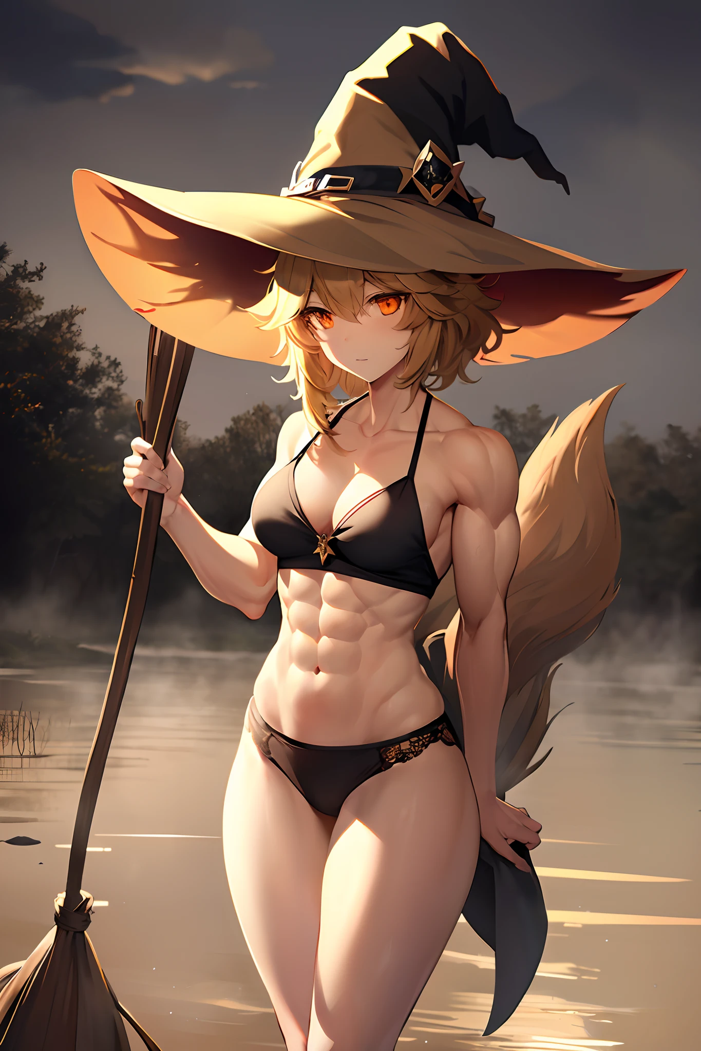 1girl, solo, (tall muscular tomboy:1.3), middle age woman, (medium beige messy hair:1.2), wolf ears, small breasts, orange eyes, ultra detailed, muscular thighs, masterpiece, (witch clothes:1.4), swamp, forest, night, dark, fog, clouds, water,