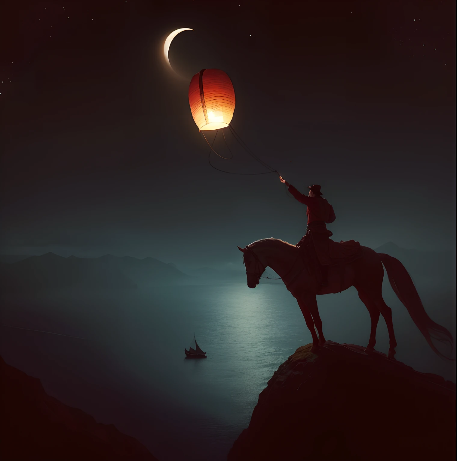 A man on a horse on top of a mountain releases a Chinese lantern, looking sad. Underneath is the sea. There is a boat with a candle in it and a girl in the middle of the boat. The moon is dark