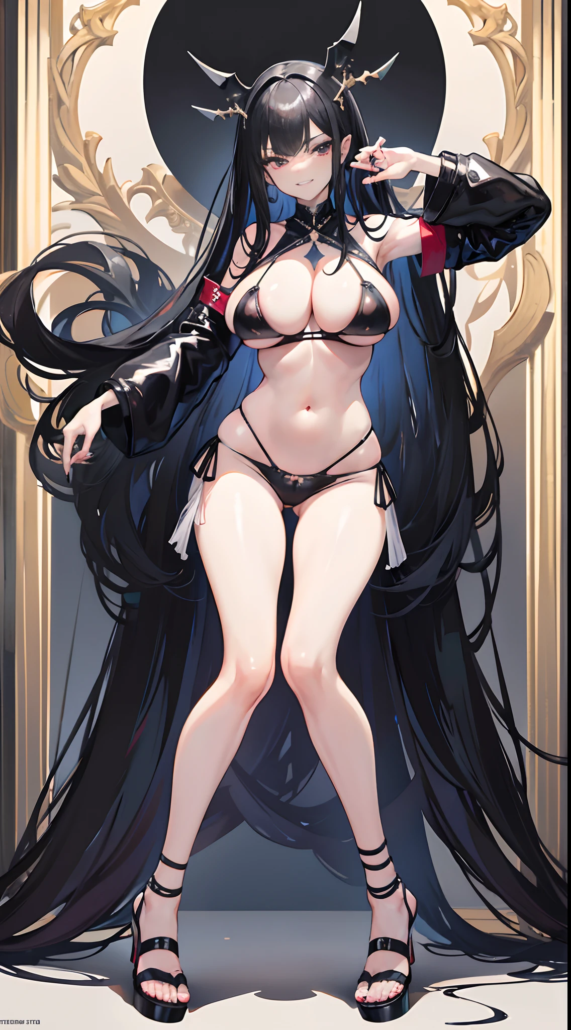 （gigantic breasts:1.6），Full body like，heeled sandals，The right hand crosses the waist，Long black hair，Black colored eyes，Black fingernails，Black toenails，grin face，Latex bra，Latex panties，exposing thighs，exposing your navel，Expose the armpits