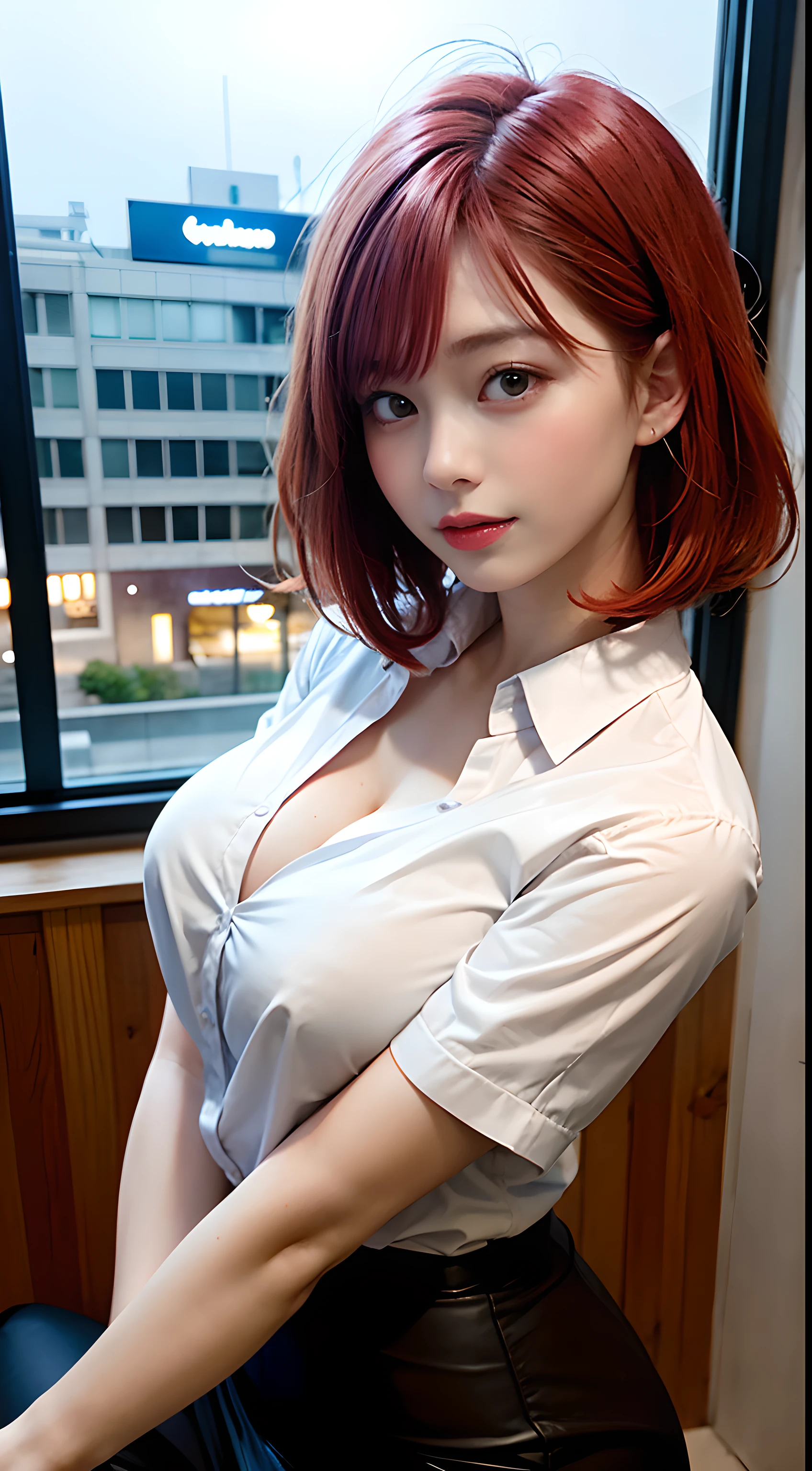 1womanl, Beautiful Office Lady, OL, (slim fit body), abs, ((shortbob redhead:1.5)), Realistic, extremely detailed CG unified 8k wallpaper, highly detailed, High-definition raw color photos, professional photograpy, Realistic portrait, Cinematic Light, Beautiful detailed, (Beautiful breasts:), (cleavage of the breast:1.2), (White business shirt with full opened :1.5), (Tight skirt), Indoors, Sales Office, window, Night view, (Best Quality:1.4), Super Detail, High quality, masterpiece, (low angle style:1.3)