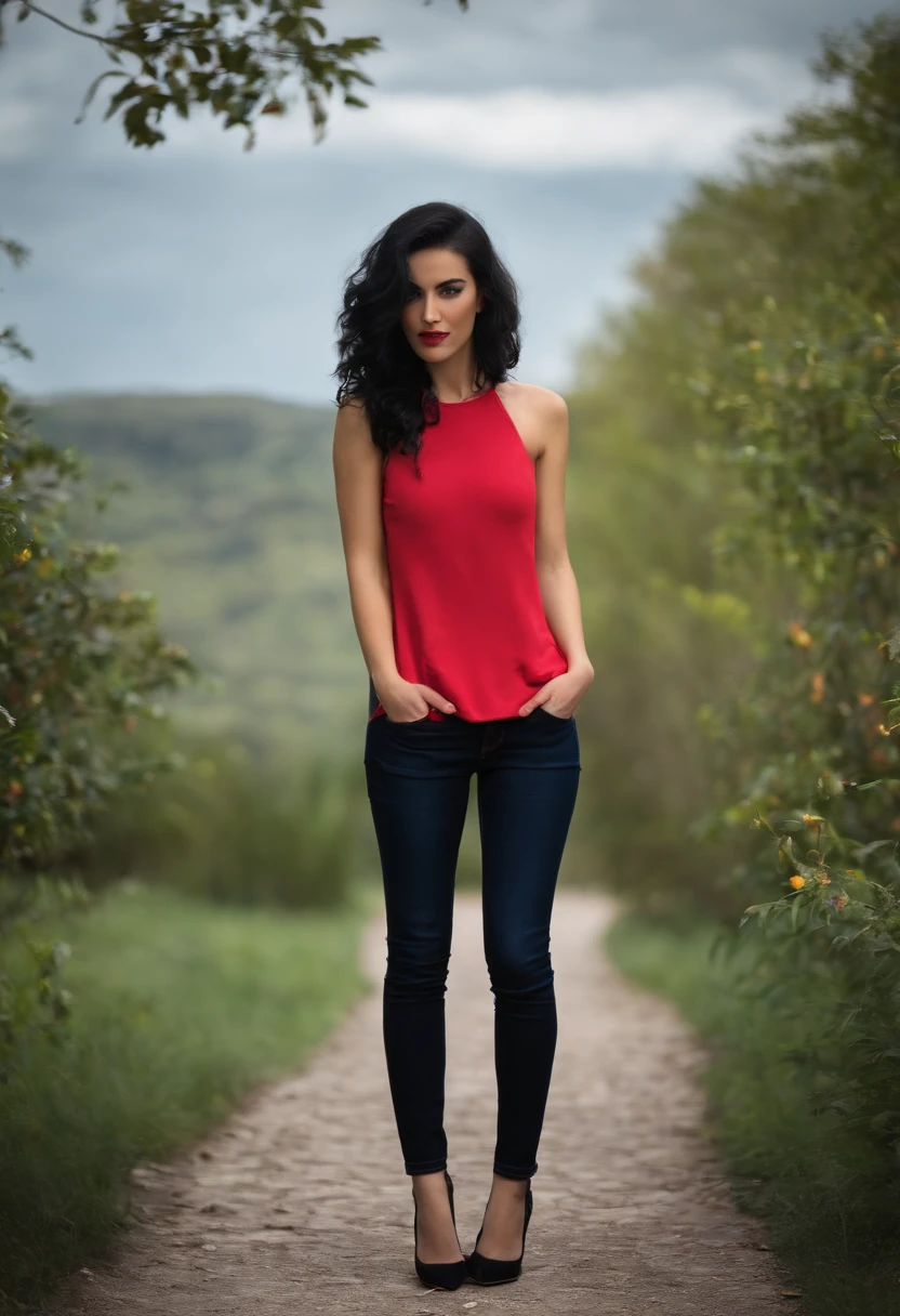 Ultra skinny jeans, young girl with short black hair