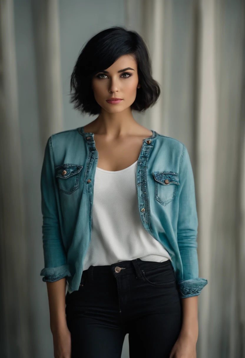 high detail RAW color photo of a stunning 30 year old woman, (high detailed skin), low angle, from front, [(modelshoot style:1.4), (dynamic pose:1.5)], ([Full Body]), (showing legs), [(vivid blue eyes:1.3)], [(short black and blue hair:1.3), (edgy box bob style haircut:1.3)], [(lipstick:1.1), perfect breasts, (hoody), (unzipped hoodie), ass visible, no underwear, against wall (day time), ( bright lighting), (8k, best quality, masterpiece:1.2), (realistic, photo-realistic:1.37), professional lighting, photon mapping, physically-based rendering, realistic, masterpiece, best quality, ultra high res, (photorealistic:1.4), highres, detail, best quality, hyperdetailed, 4k, Small and beautiful hard nipple) (Thin and damp button up to shirt length: 1.1), (White shirt wet by rain), (Rain, Street: 1.2), Wet body: 1.1, Highly detailed face and skin texture,