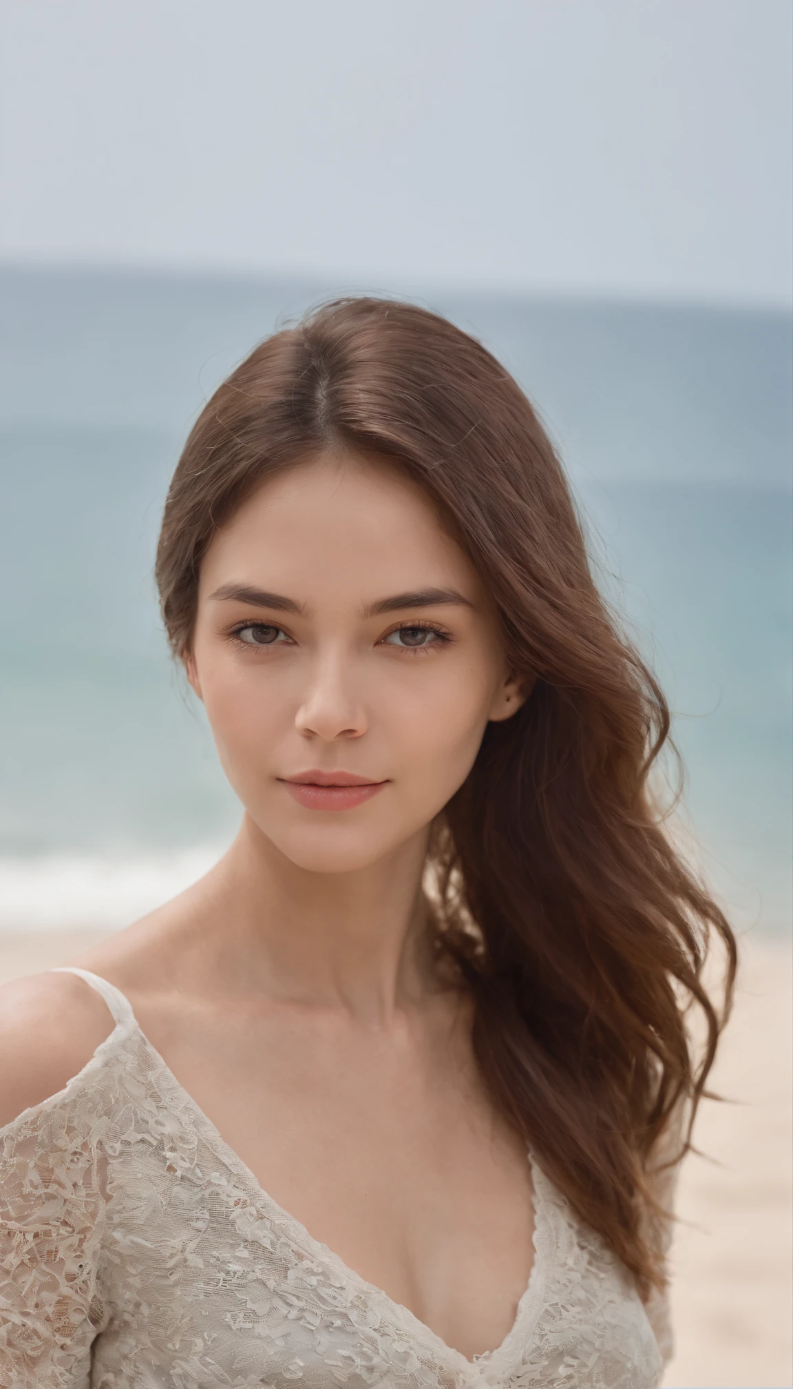 qualidade superior、obra prima、retrato de corpo inteiro、(Fotorrealista:1.4)、FOTO CRU、Uma mulher nua、Textura facial detalhada、Cool summer beach without Bikini、