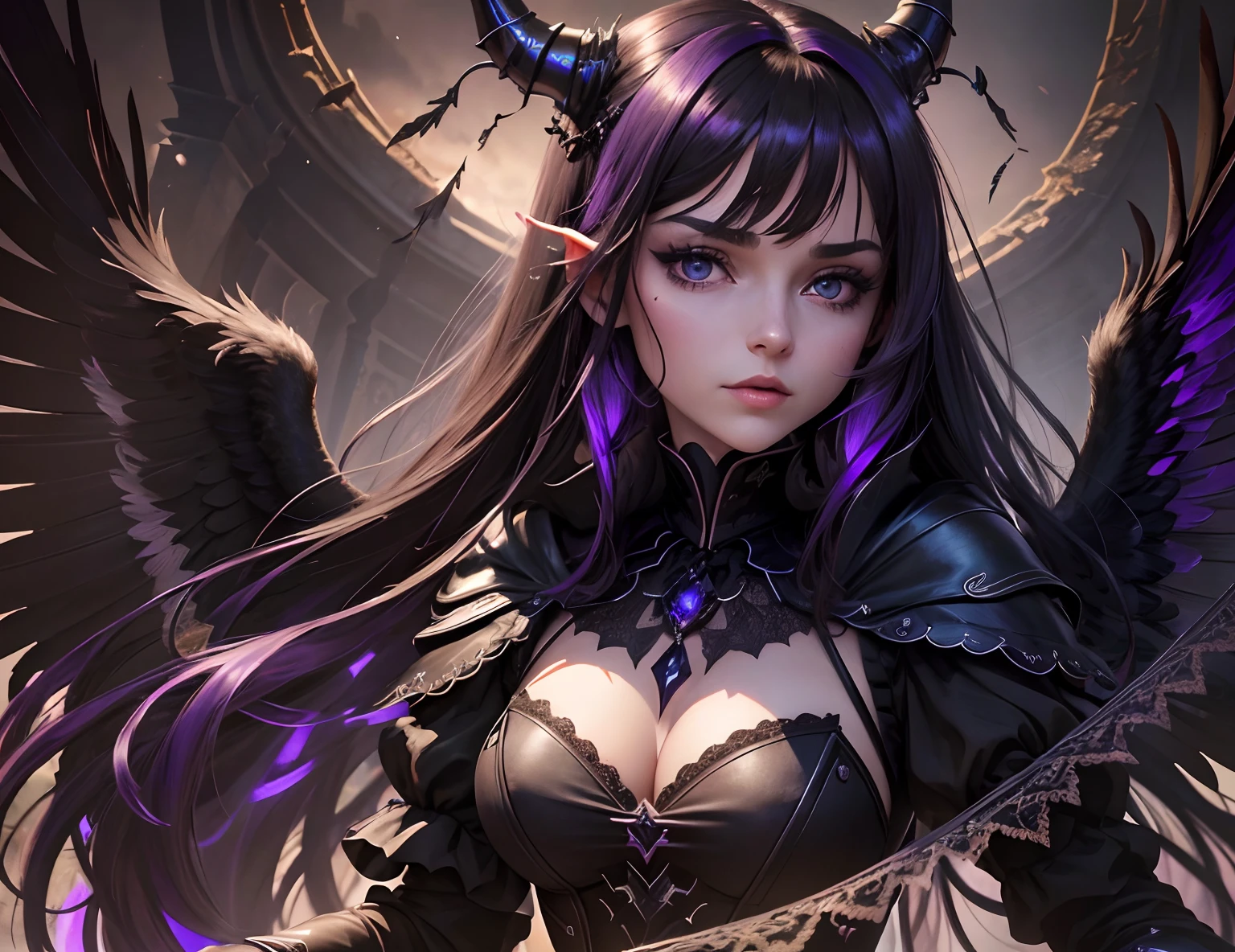 (dunkel,gotisch,beautiful,artistic),lila und schwarzes Kleid,long black hair with purple highlights,Detailed purple and black wings,black horns,durchdringende lila Augen,High-resolution 8K image,dark and mysterious background,Lebendige Farben,Unendliche Dunkelheit,somber atmosphere