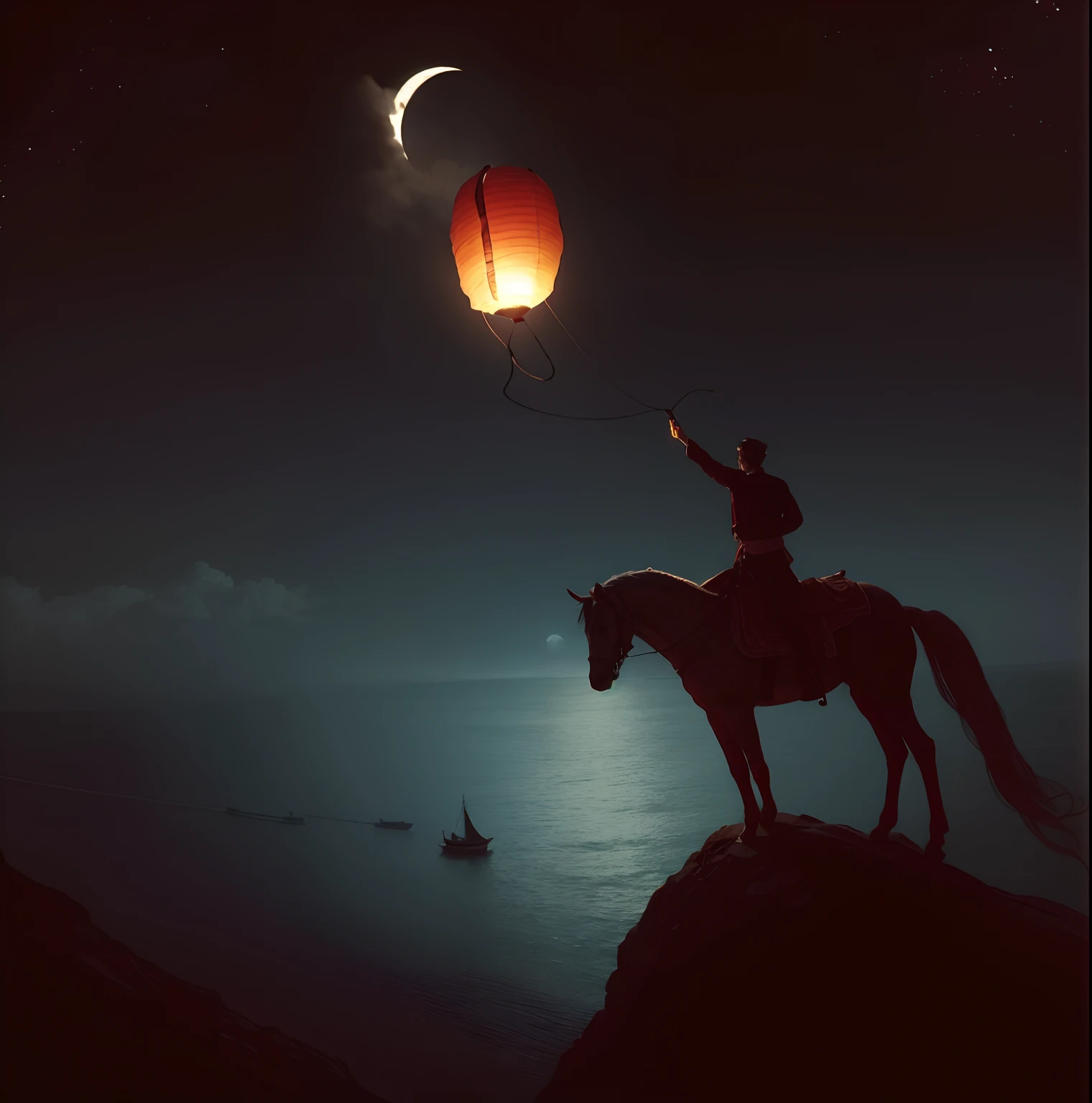 A man on a horse on top of a mountain releases a Chinese lantern, looking sad. Underneath is the sea. There is a boat with a candle in it and a girl in the middle of the boat. The moon is dark