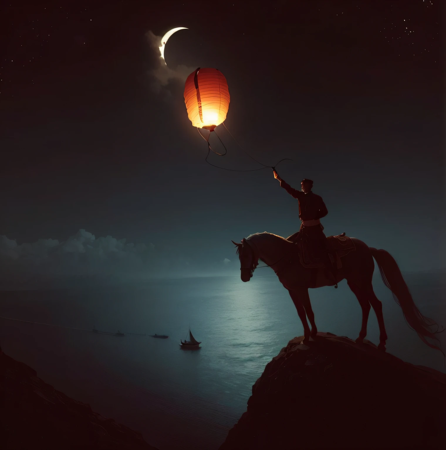 A man on a horse on top of a mountain releases a Chinese lantern, looking sad. Underneath is the sea. There is a boat with a candle in it and a girl in the middle of the boat. The moon is dark