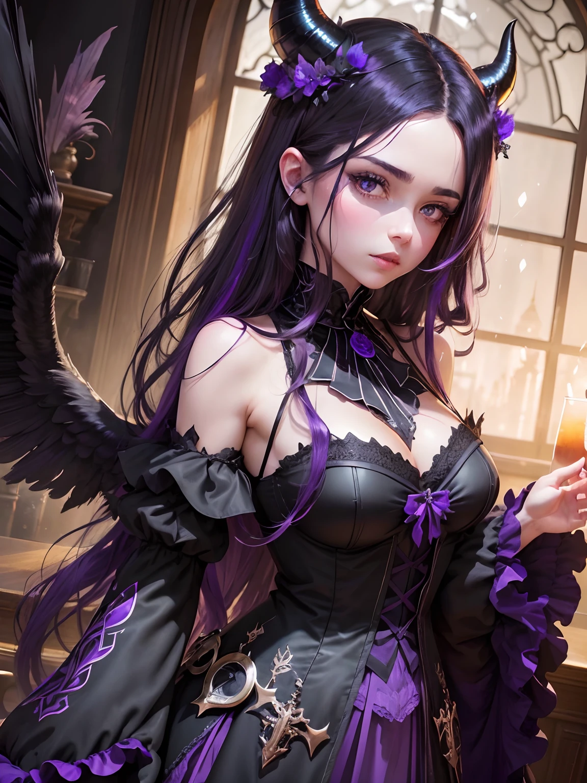 one girl, Dark Butterfly Wings , Black Dress, Gothic Style, Loita Dress, Black Boots, Black Stockings, Dark and Purple Hair , Eyes Shadows ++  , Darker Lips + , Gothic make-up, (Best quality:1.1), (Masterpiece:1.4), 1fille, (cheveux volumineux)+ , cheveux longs , (Yeux Bleux) , gros seins , (Large, dark lips)+ , peau brillante, brillant, starry night, dans une chambre, Bas dentelle,