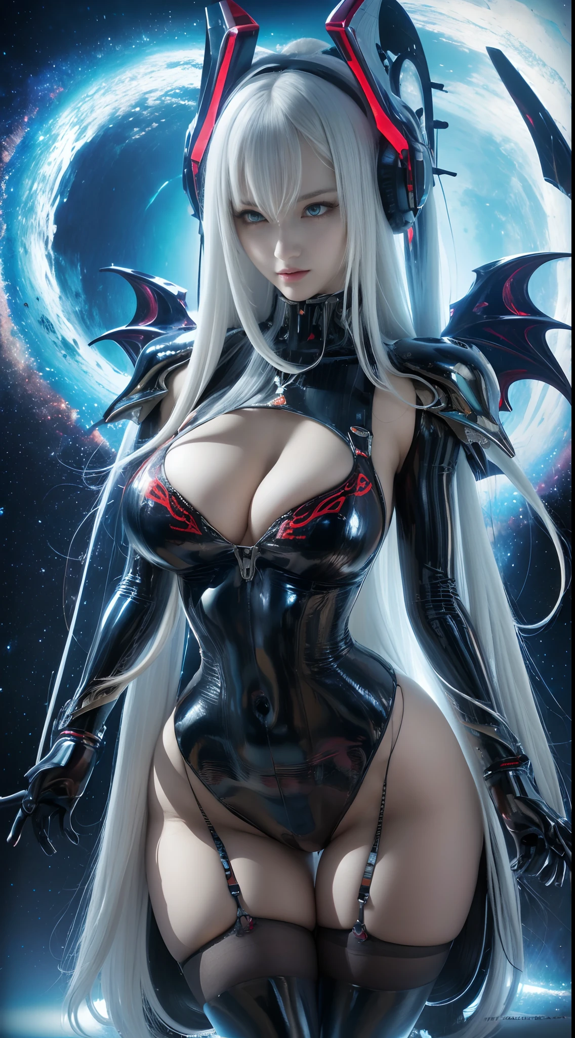 masterpiece,best quality,ultra-detail,very detailed illustration,highly detailed,intricate detail,highres,super intricate detail,highly detailed 8k cg wallpaper,cowboy shot,caustics,reflection,ray tracing,demontheme,nebula,dark aura,effect cyber, (1girl:1.4), (dragon woman), super plump breasts, mecha made dragon wings, solo,alone, mecha musume,mechanical parts, robot joints,single mechanical arm, headgear, mechanical halo,star halo, mechanical bodysuit complicated, mecha girdle, kimono, full armor, very long hair, white hair, hair between the eyes, colorful hair, colored inner hair, red eyes, shining eyes, eye tracks, random expressions, random actions, ( background:galaxy, skyline),