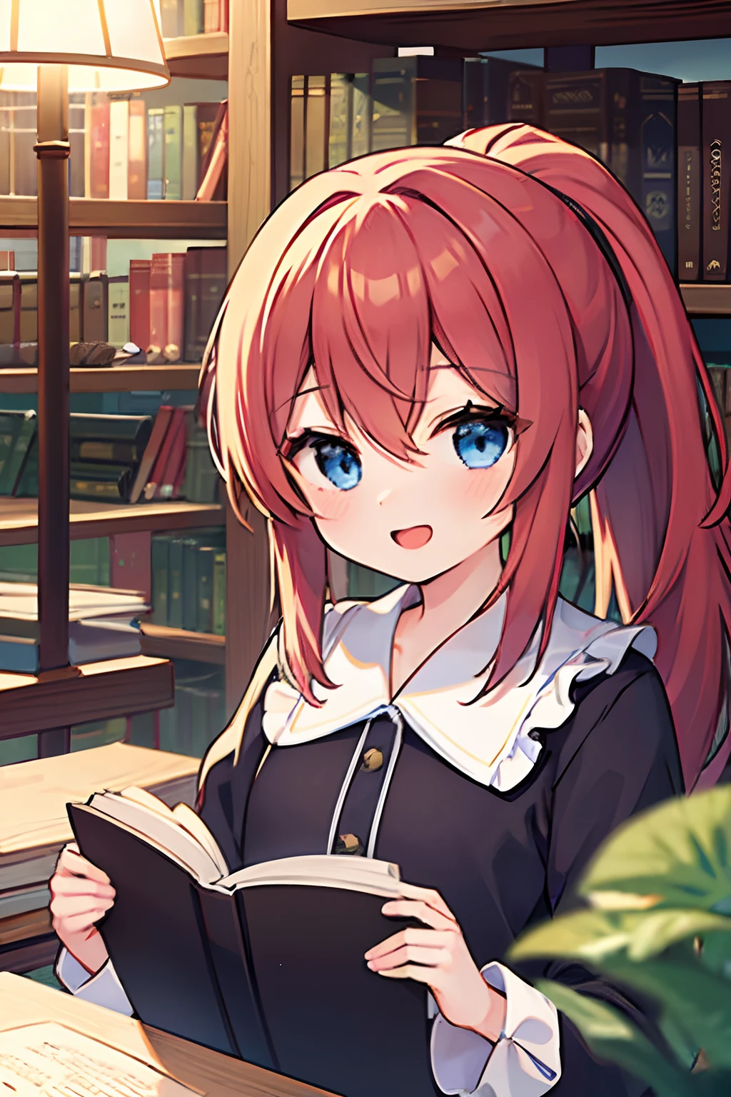 1girl, young girl, masterpiece, high quality, red hair, long hair, straight hair, ponytail, blue eyes, in the library, with many books, reading a book, wearing a white blouse, bright, happy