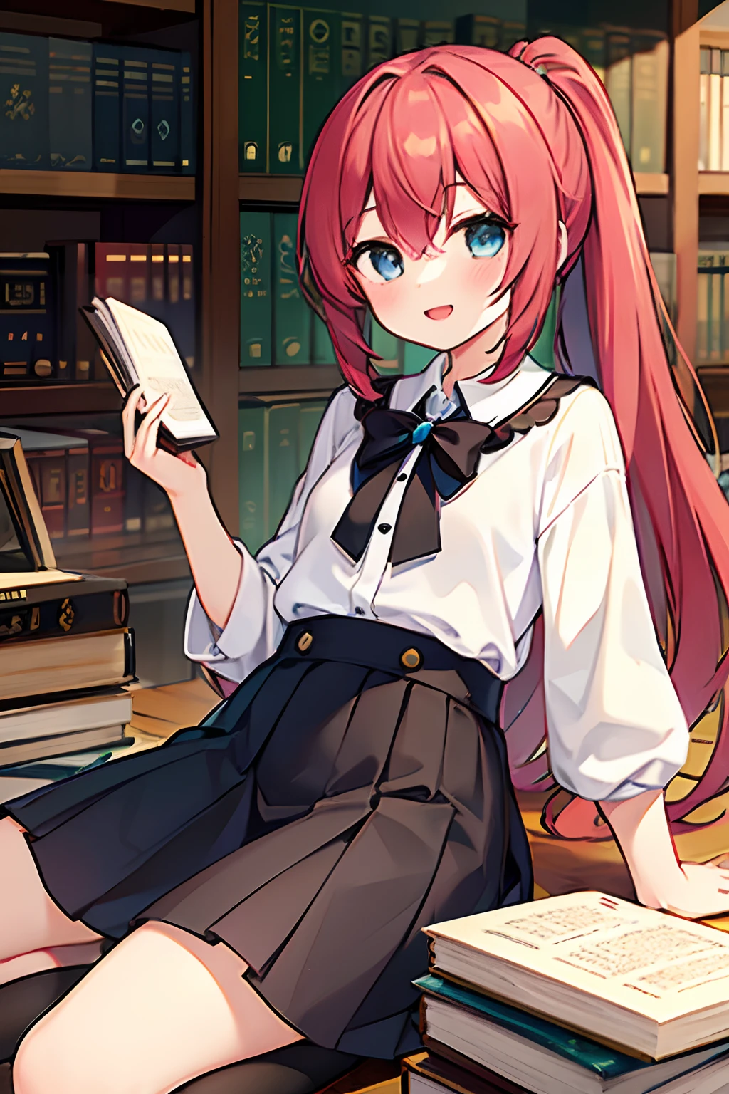 1girl, young girl, masterpiece, high quality, red hair, long hair, straight hair, ponytail, blue eyes, in the library, with many books, reading a book, wearing a white blouse, bright, happy, small smiling