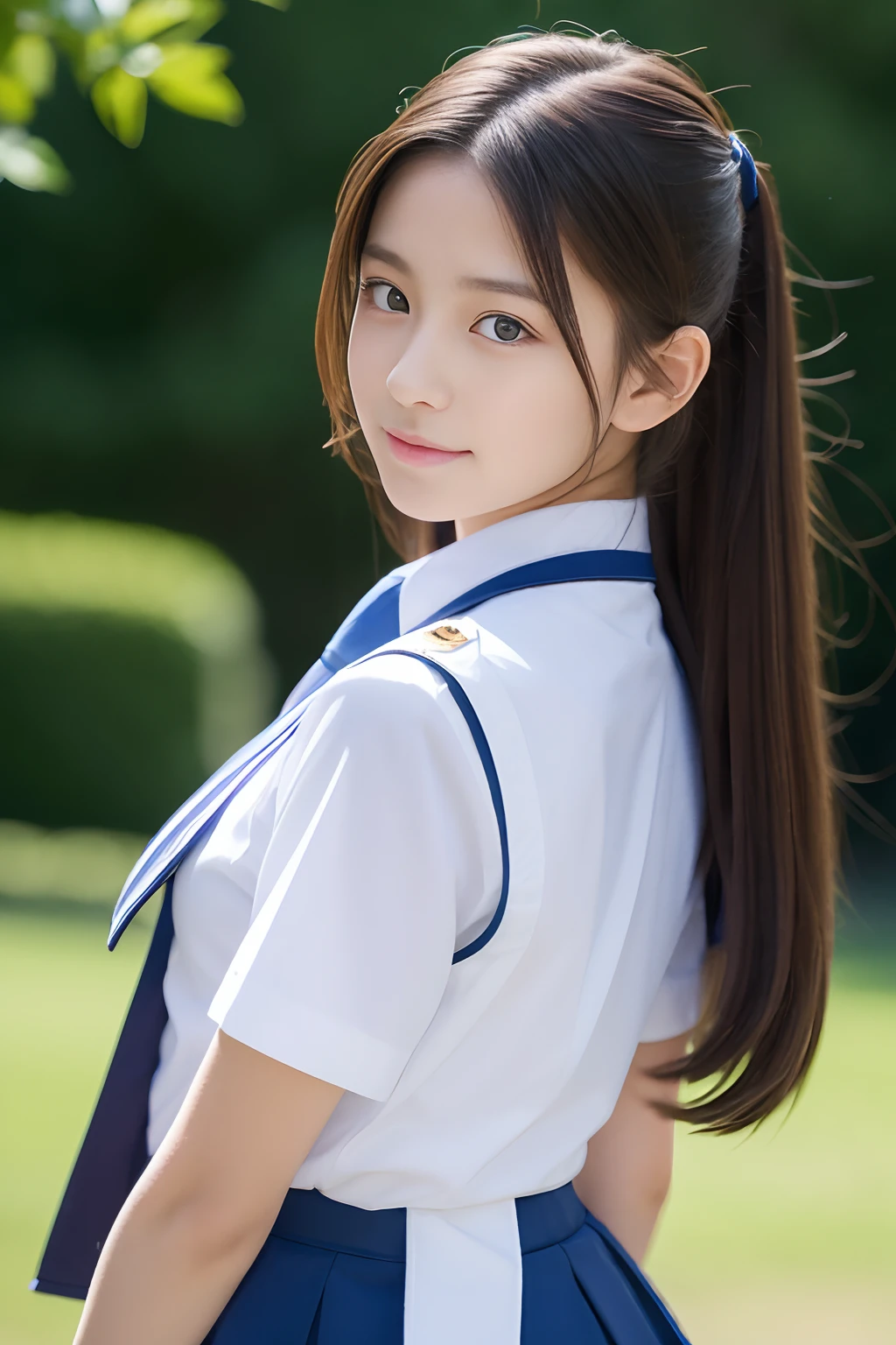 Beautiful schoolgirl in 8K in summer uniform with double eyelids is looking back