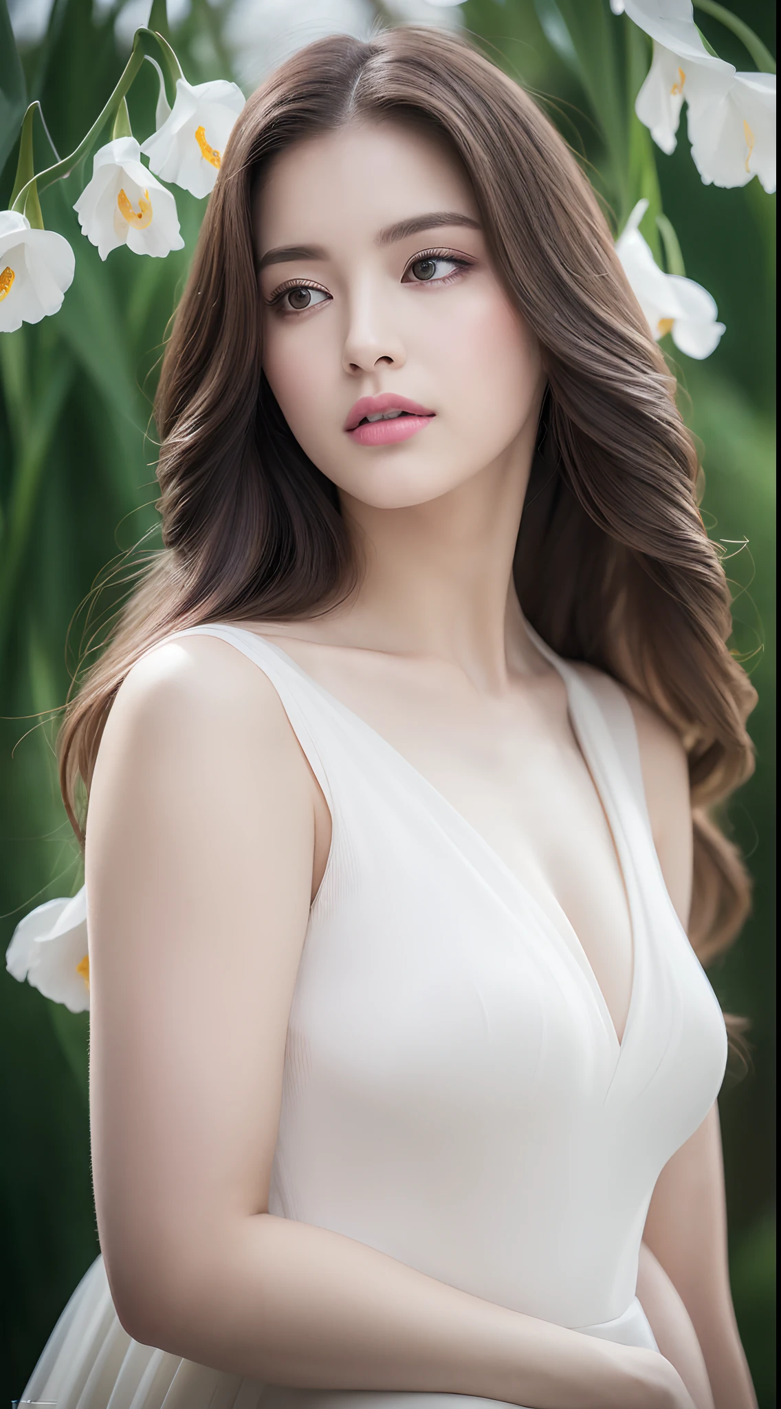 (Best quality,4K,8K,A high resolution,Masterpiece:1.2),Ultra-detailed,(Realistic,Photorealistic,photo-realistic:1.37),sportrait,Women,Long flowing hair,Off-white iris,vacant gaze,Plump pink lips,The ends of the hair have white flowers,Graceful figure,Medium shot,Black dress.