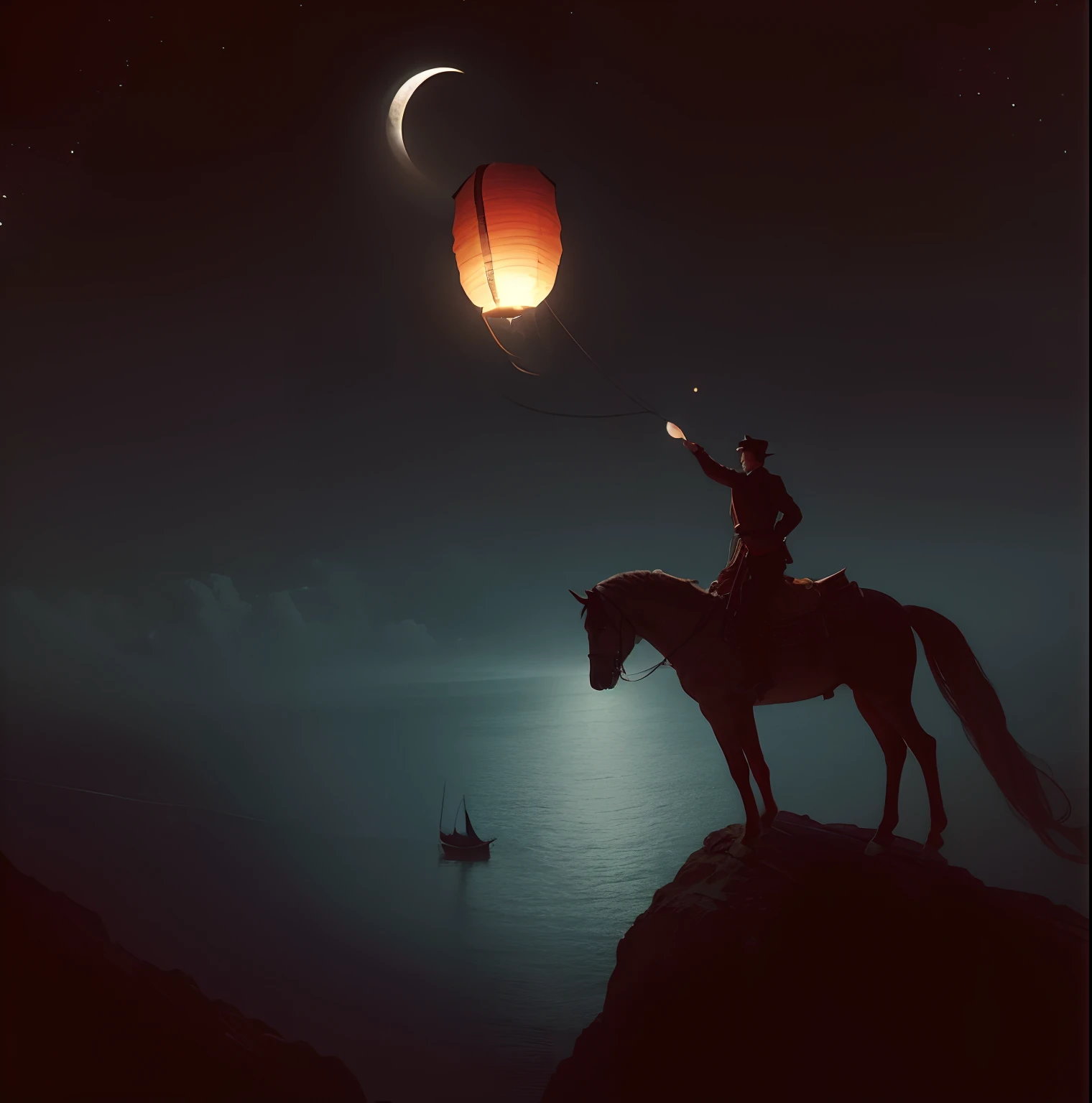 A man on a horse on top of a mountain releases a Chinese lantern, looking sad. Underneath is the sea. There is a boat with a candle in it and a girl in the middle of the boat. The moon is dark