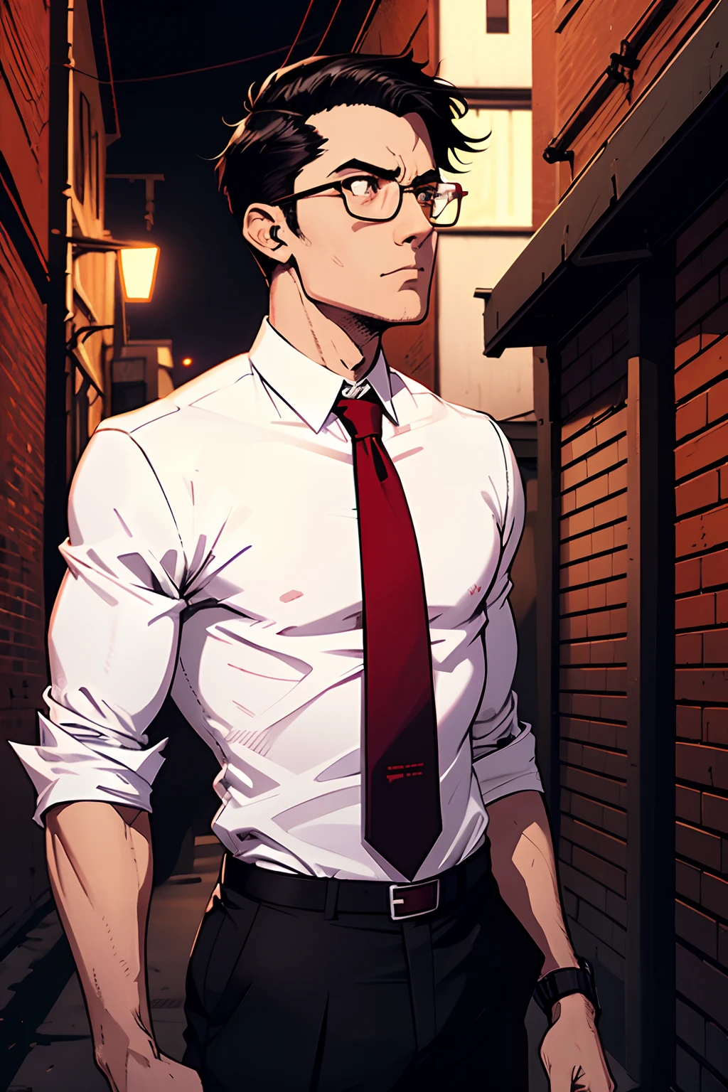 backside view, skinny guy, short black hair, glasses, wearing a white shirt, red tie, scared, looking up, gotham city alley background, night time