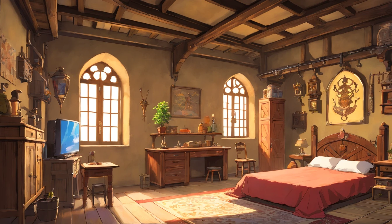 medieval room,bedroom,Industrial-style,daytime