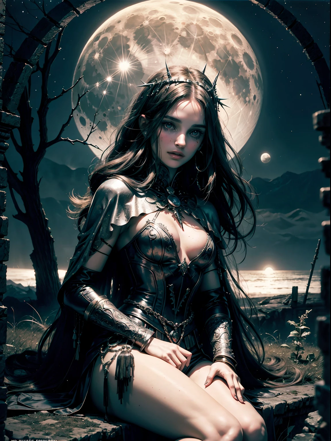 1970's dark fantasy heavy metal disc cover. teen natalie portman as a dark priestess girl. gentle smile. sitting. (Moon night desolation). freckles. slender and beautiful. intricate detail.