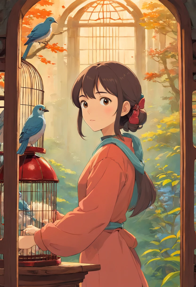 there is a painting of a woman holding a bird in a cage, inspired by Mathieu Le Nain, highly conceptual figurative art, inspired by Stevan Dohanos, inspired by Carlo Mense, tom bagshaw style, adrian borda, by Mathieu Le Nain, inspired by Esao Andrews, inspired by Silvestro Lega, esao andrews : : ornate