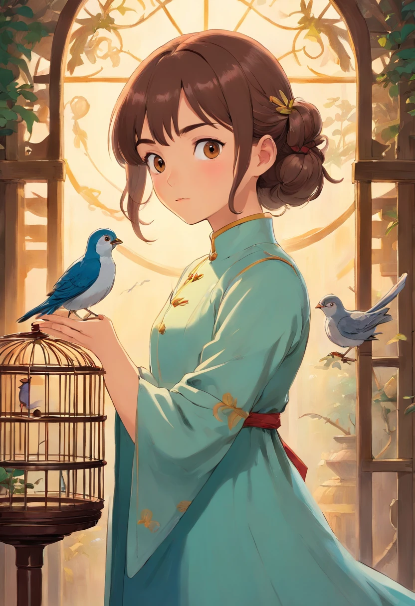 there is a painting of a woman holding a bird in a cage, inspired by Mathieu Le Nain, highly conceptual figurative art, inspired by Stevan Dohanos, inspired by Carlo Mense, tom bagshaw style, adrian borda, by Mathieu Le Nain, inspired by Esao Andrews, inspired by Silvestro Lega, esao andrews : : ornate
