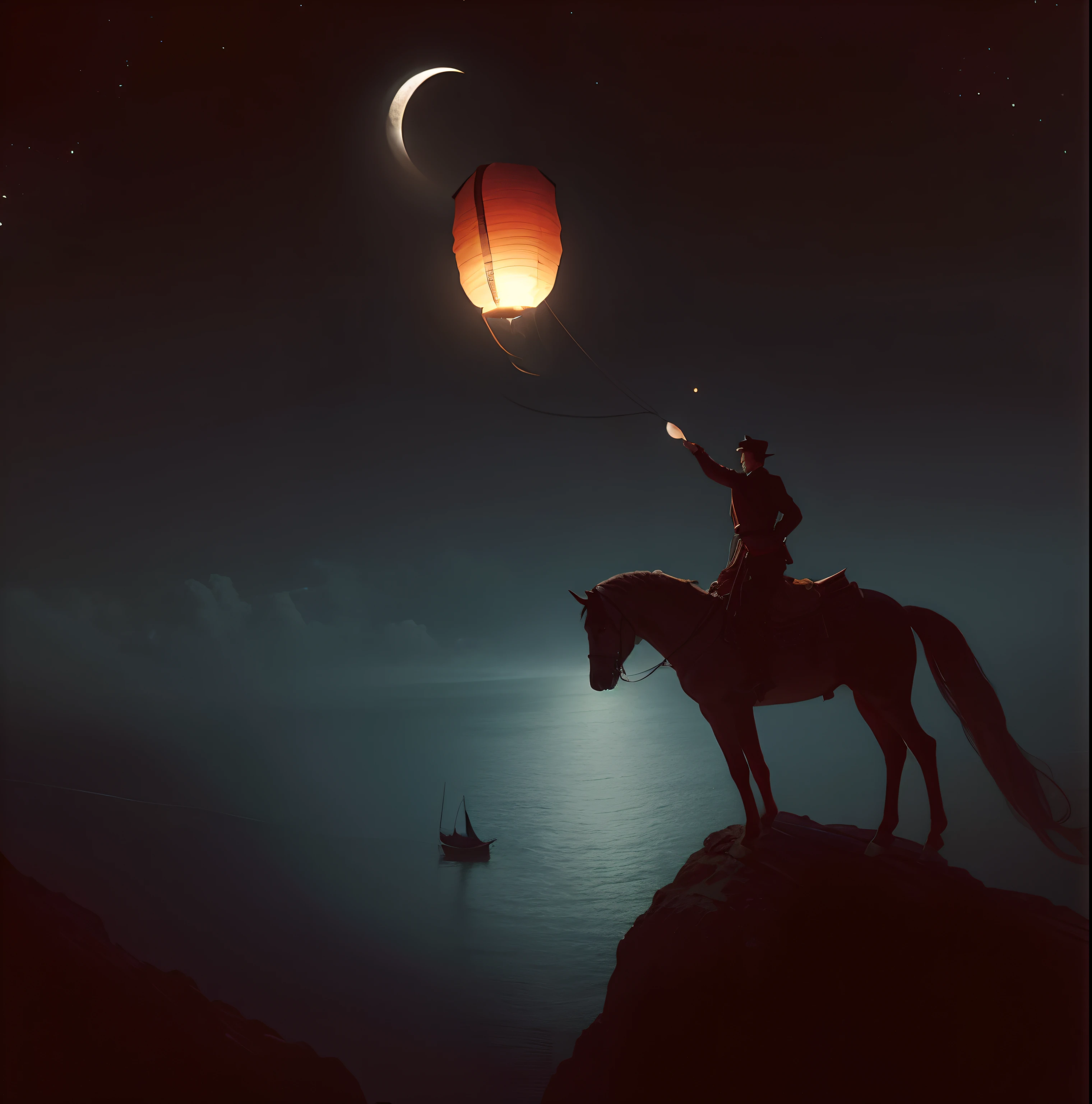 A man on a horse on top of a mountain releases a Chinese lantern, looking sad. Underneath is the sea. There is a boat with a candle in it and a girl in the middle of the boat. The moon is dark