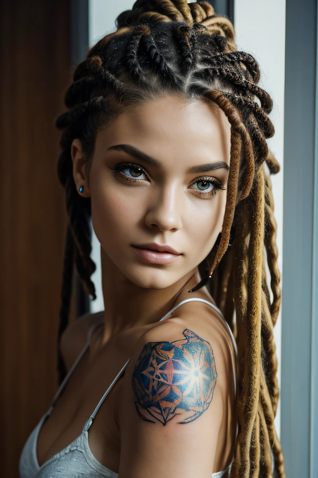 mulher arafed com dreads e tatuagens posando para uma foto, com dreadlocks aqua rapunzel, Anna Nikonova aka Newmilky, dreadlocks azuis, dreads, com dreadlocks aqua neon, cabelo dreadlock, dreadlocks, com tatuagens, Linda, dreadlocks longos, Ela parece uma mistura de Grimes, 1girl, Cabelo branco, - Olhos Vermelhos, retrato, realista, side-lighting, papel de parede,Deixa Linda, 24 anos, musculoso, Anatomia do Perfent, by shaman, a woman with a cat tattoo on her arm, gostosa, a tattoo of Pascal Blanché, Destaque na CG Society, hiper-realismo, full face tattoo epic portrait, fotografia retrato realista, retrato fotoreal, ((corpo inteiro)), ultra detailed artistic abstract photograph of a beautiful woman, anatomia perfeita, Yulia, A Summer BodiBuilder punk lady, Corpo cheio, anatomia perfeita, por kittew e Mirco Cabbia, cabelos prateados, daytime sky, cabelos azuis, rosto lindo detalhado, barriga e pernas expostas, olhos extremamente detalhados, Sombras, oil on the canvas, Pinceladas, liso, Ultra High Definition, 8k, Motor Unreal 5, Ultra sharp focus, Arte de Alberto Seveso, Artgerm, Loish, obra-prima de arte intrincada, agourento, cartaz de filme de pintura fosca, proportion Aurea, TanvirTamim, trending in cgsociety, intrincado, epics, trending on ArtStation, por Dandonfuga, altamente detalhado, vibrante, production cinematic character render, ultra high quality model