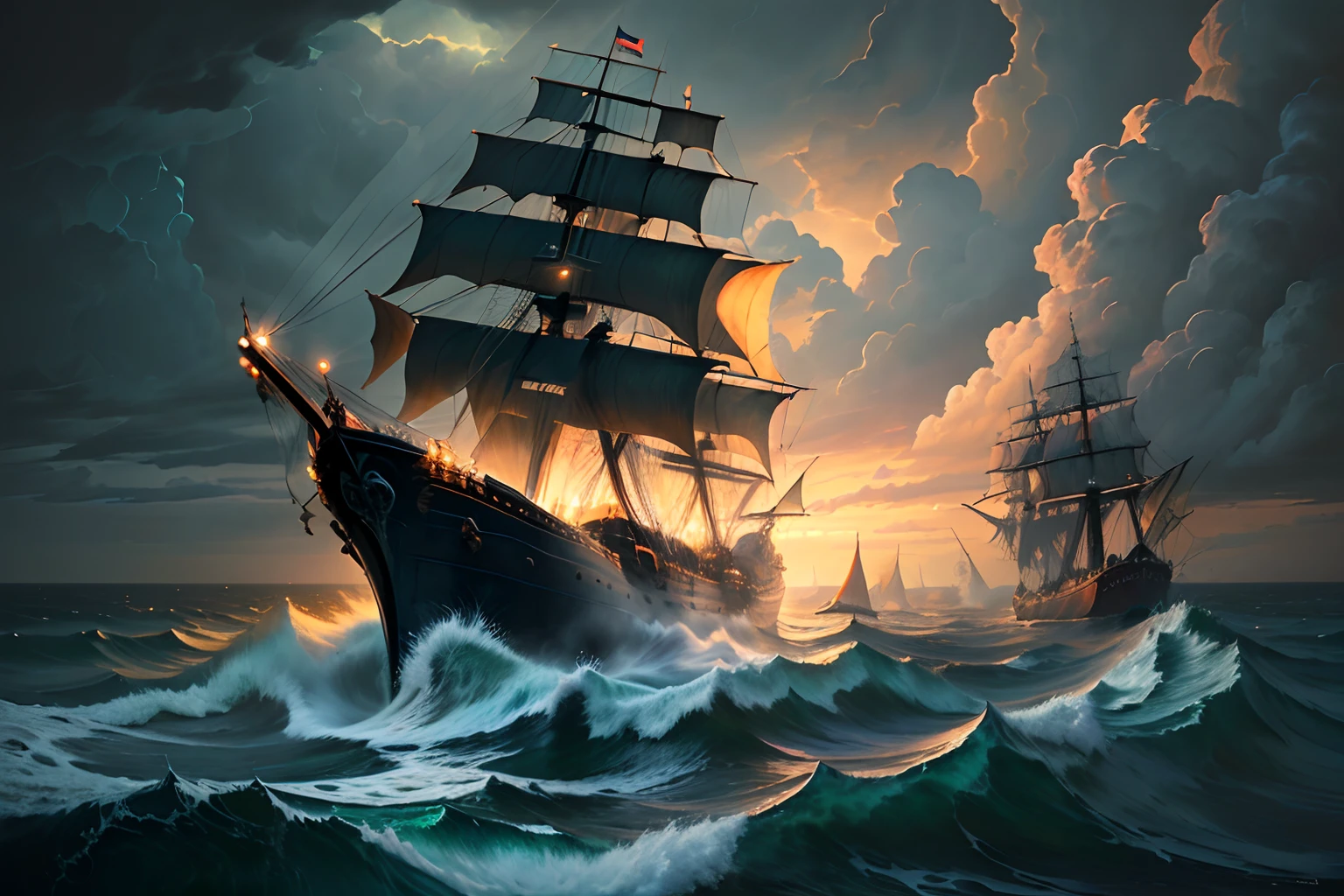 A giant squid attacking a pirate ship, stormy sea, dark clouds, green and black, dramatic, circular, oil painting.