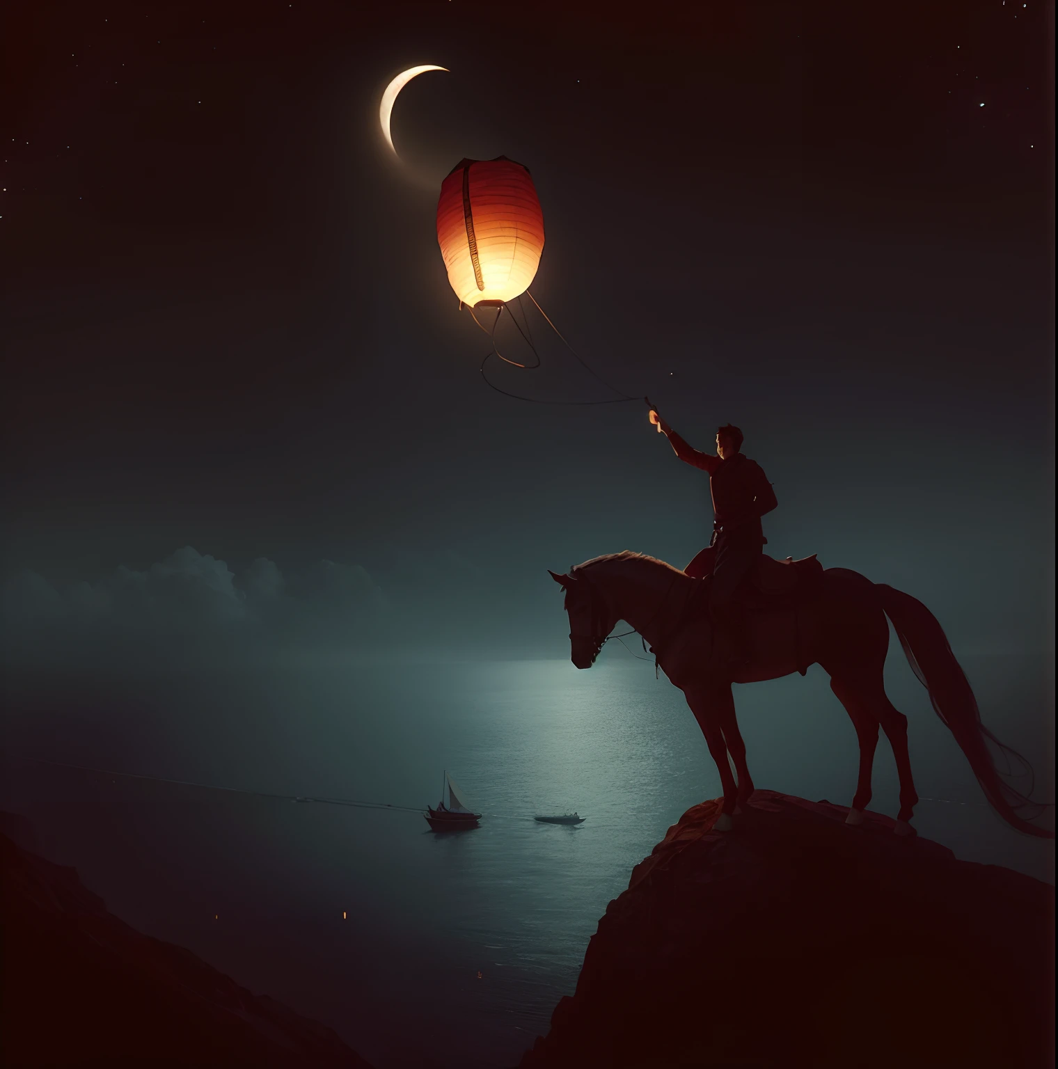 A man on a horse on top of a mountain releases a Chinese lantern, looking sad. Underneath is the sea. There is a boat with a candle in it and a girl in the middle of the boat. The moon is dark