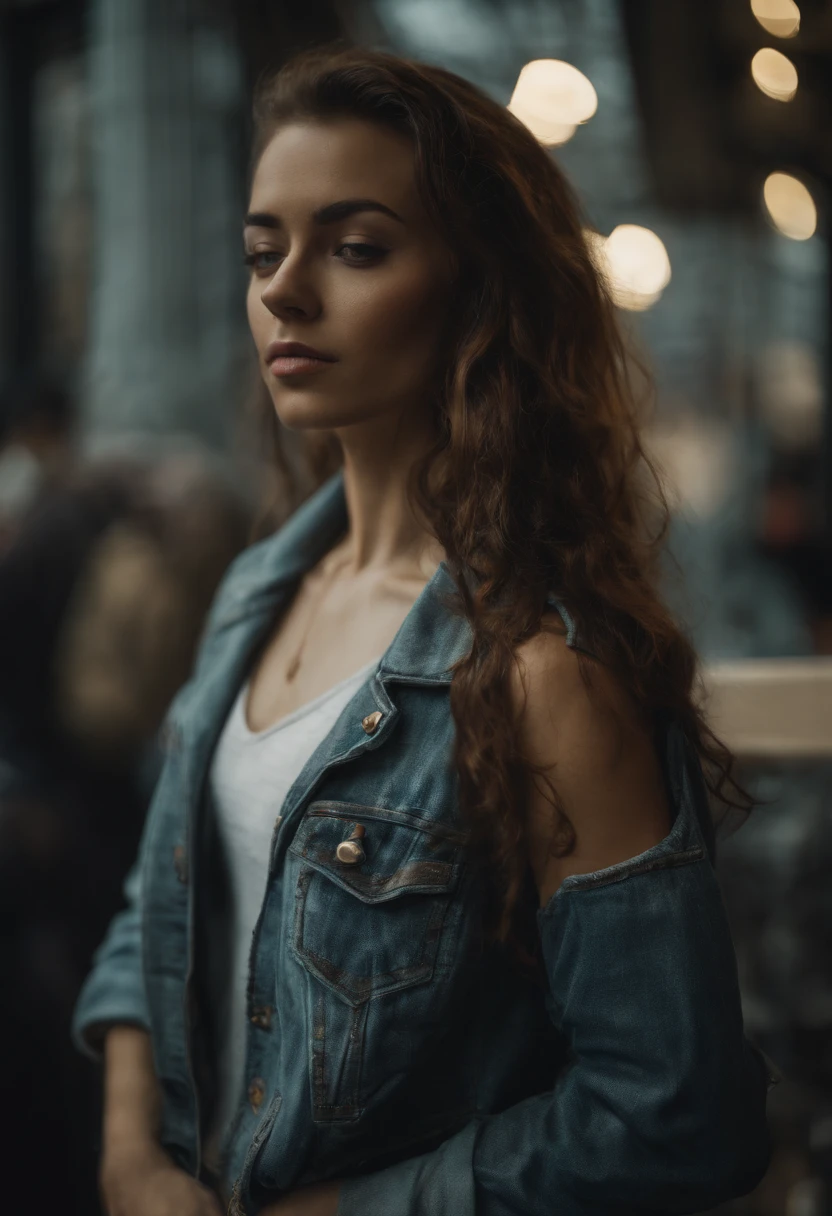 A young girl with a regular figure, cyberpunk beauty in tight jeans, hair shaved short on one side.