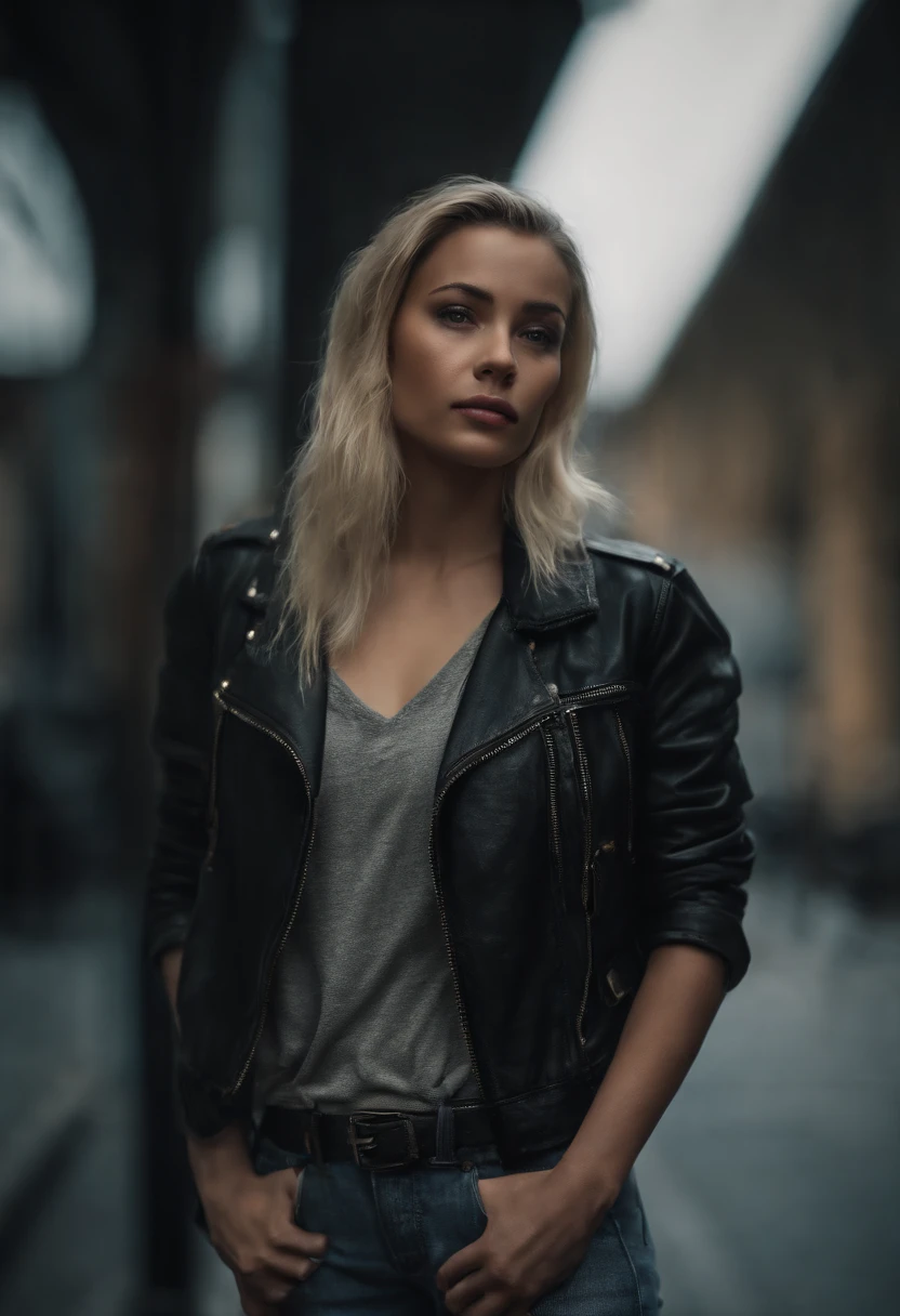 Full body portrait of a fierce and confident woman, dressed in a black leather jacket and ripped jeans, holding a vintage film camera, capturing the essence of rebellion and youth culture. The photograph should showcase a gritty urban setting with graffiti-covered walls, emphasizing the raw energy and edginess of street photography. Lighting should be dramatic, with strong shadows and vibrant neon colors contrasting against the darkness. Capture the moment in hyper-realism, with highly detailed and high-resolution 16k quality, using a Fujifilm X-T3 mirrorless camera with a 35mm f/1.4 lens.