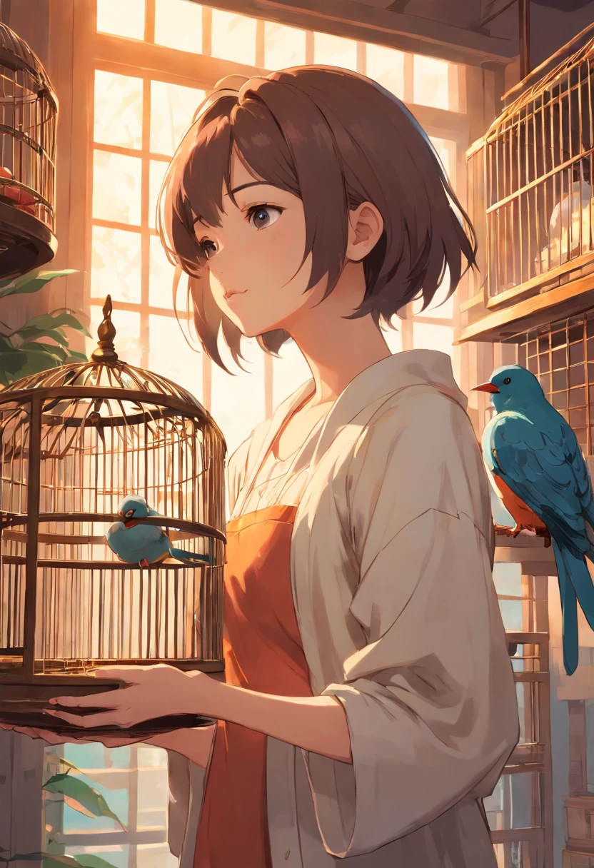 there is a painting of a woman holding a bird in a cage, inspired by Mathieu Le Nain, highly conceptual figurative art, inspired by Stevan Dohanos, inspired by Carlo Mense, tom bagshaw style, adrian borda, by Mathieu Le Nain, inspired by Esao Andrews, inspired by Silvestro Lega, esao andrews : : ornate