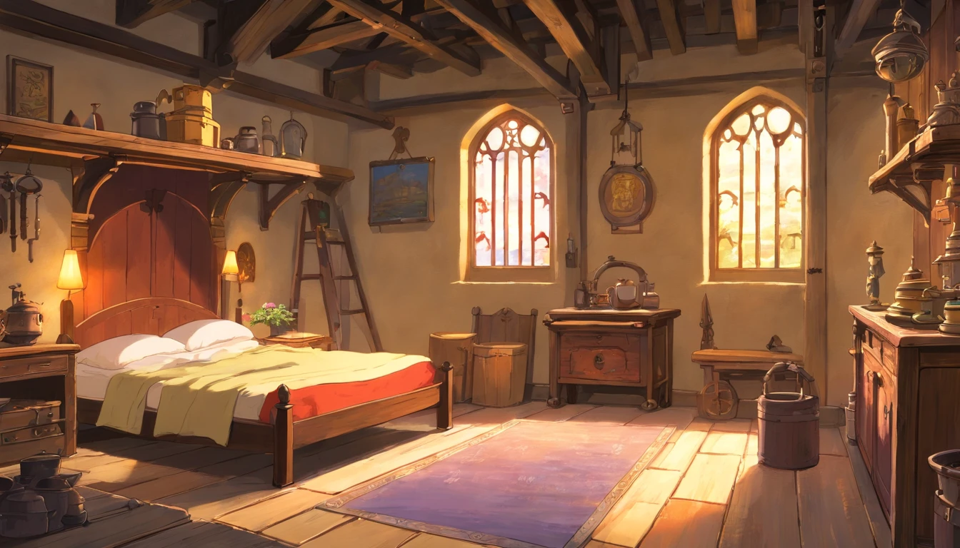 medieval room,bedroom,Industrial-style,daytime,No home appliances