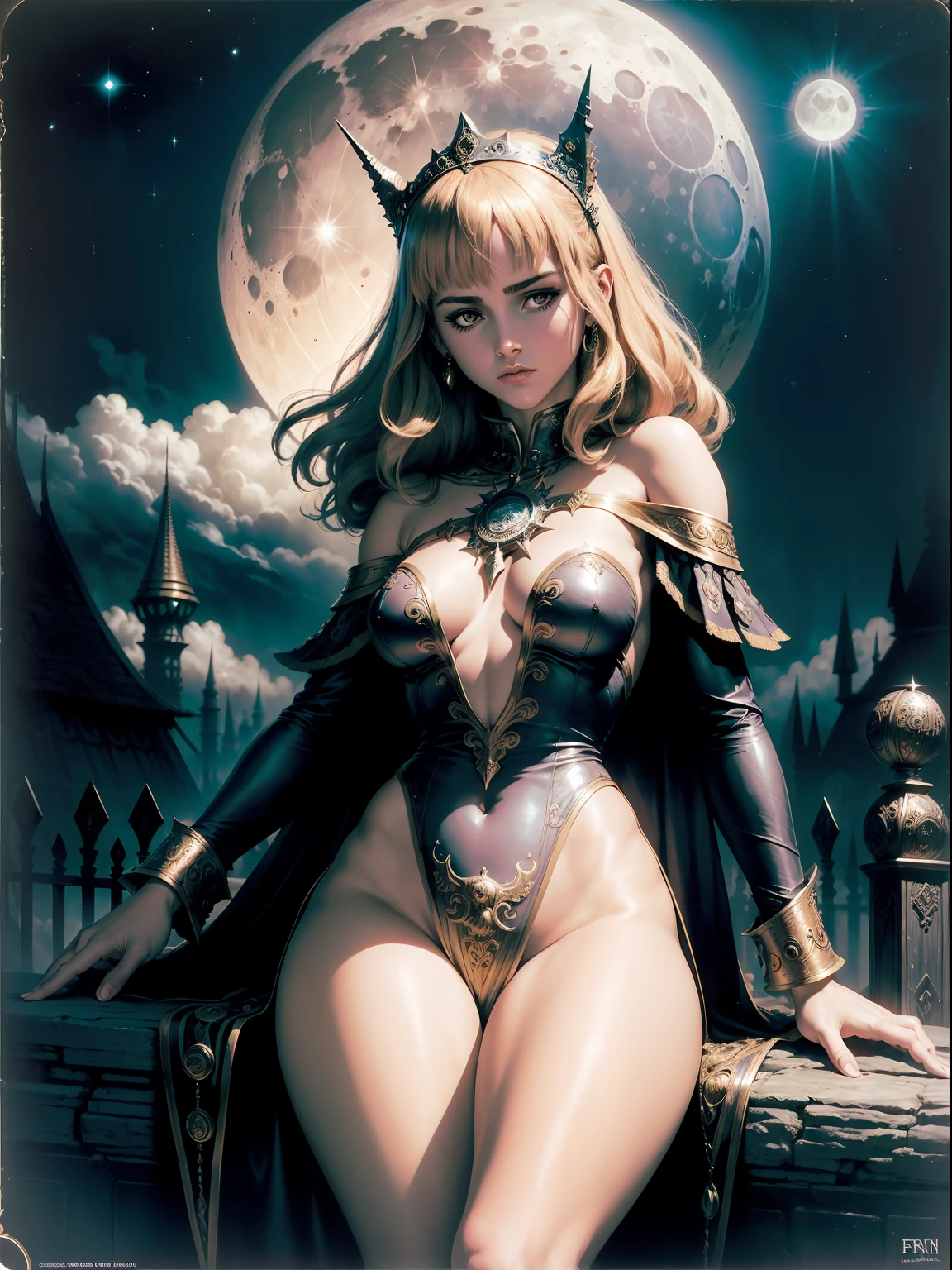 1970's dark fantasy, heavy metal disc cover. teen emma watson as a gold priestess girl. sitting on a fence. (Moon night desolation). slender and beautiful. intricate detail. (boris vallejo style) (frank frazetta style)