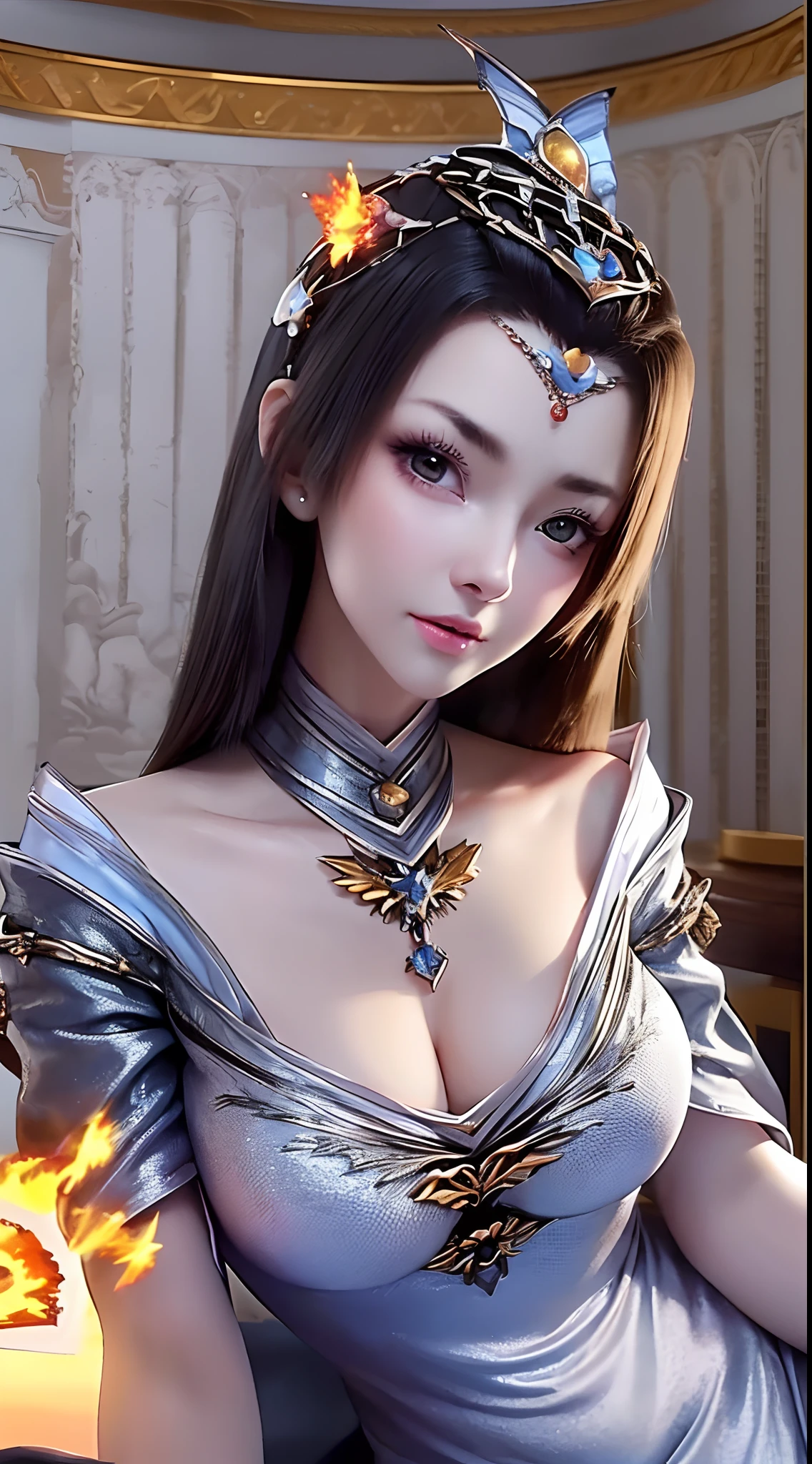 An extremely beautiful princess, ((wearing an ultra-thin silver short nightgown:1.8)), nightgown with deep slit in the chest, sexy red lace short nightgown, ((supine position with chest up:1.5)), sexy nightgown style, long shiny black hair, the most beautiful and detailed hair jewelry, beautiful little face thin eyebrows, the most beautiful and spotless face, ((black iris:0.8)), the very beautiful eyes, big round eyes, ((Brown eyes:1.1)), fine and detailed makeup eyelashes, high nose, wearing earrings, small red lips, rosy face, clean face, beautiful face without blemish, smooth white skin, ((big breasts: 0.9)), Blums boobs, ((big and super round breasts:0.9)), ((super tight breasts:1.2)), ((breast augmentation: 0.8)), beautiful breasts, slim and petite body, ((thin waist: 0.9)), upper body of a beautiful girl, sexy girl, ((Open your legs: 1.6)), unashamed, ((chubby body:1.6)), ((blue fire effect:1.6)), 8k photo, super high quality, super realistic, 10x super pixels, photo realistic, dark studio, border light, two tone light, (detailed skin high: 1.2), 8k uhd, dslr, soft light, high quality, volumetric light, candid, Photo, high resolution, light, best photo, 4k quality, 8k, Bokeh, Smooth and sharp, pixel up 10 times, lightning, super graphics, the most realistic graphics, (((Luxurious bedroom and bed background: 1.6))), 1 girl, alone, solo, ((frontal portrait:1.5)), Extremely sharp, super realistic images."