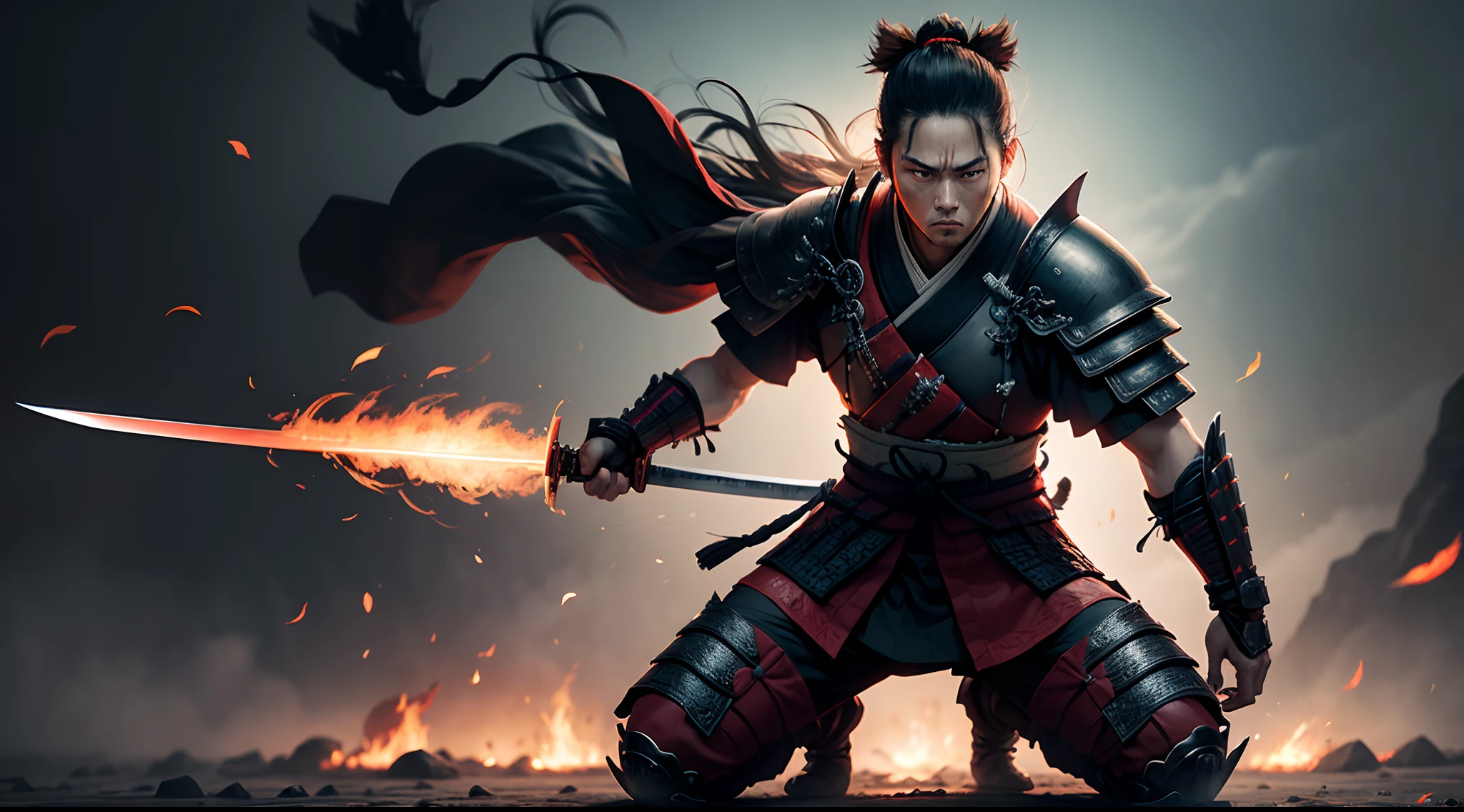 A samurai,kneel down ,after a fight with fire,with Samurai sword with fire ,look epic ,realstic , background of war