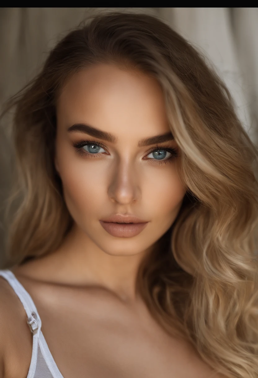 "A realistic cinematic image of a blonde woman with big lips and big breasts,, She is in an urban environment, soft lighting that highlights her face and body. His muscular arms and contoured abs are visible, as she poses with confidence and glamor. L Oreal style with shiny gold eyeshadow, striking black eyeliner and nude lipstick the skin is smooth and radiant with a healthy glow in soft lighting