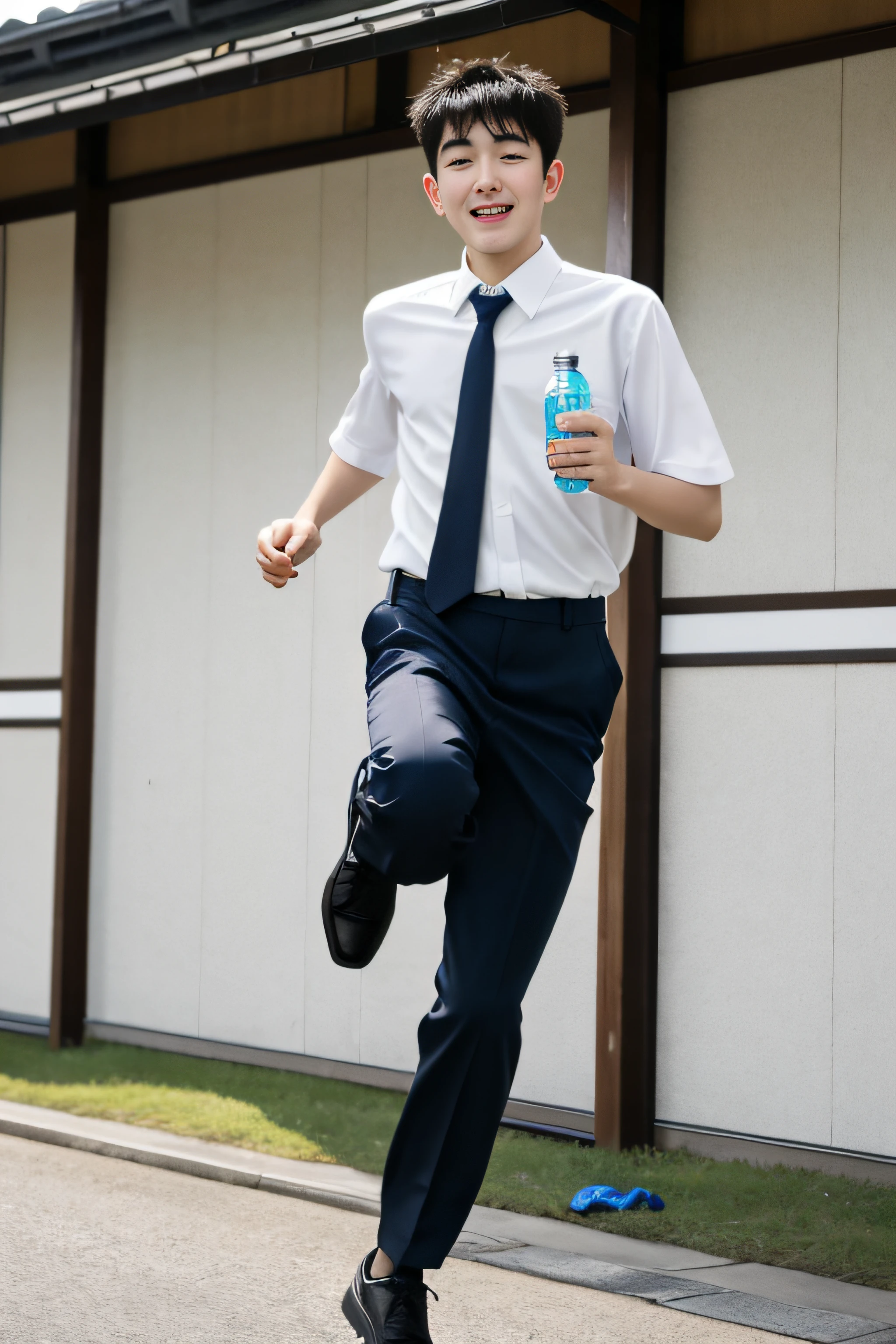Best quality,A high resolution，Detailed face and eyes，18-year-old boy, having fun，Boy in pants and tie holding a bottle of water, Open your hands，Boy running, The boy was running, raise leg, Wearing a Japanese school uniform, Japanese school uniform, Correr libremente,