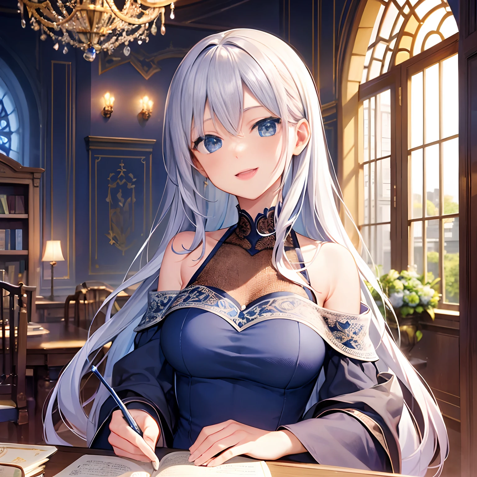 {{{{{masutepiece,Best Quality,ultra-detailliert}}}}},Happy laughter,1 woman,close up,Beautiful silver hair,Standing,Beautiful bouquet,Beautiful blue eyes,keep, Harry Potter, Ravenclaw, lounging, Arched windows, Blue silk hanging on the wall, Domed ceiling with stars, Dark blue carpet with stars, The table, a chair, Bookshelf on the floor,Upper body,