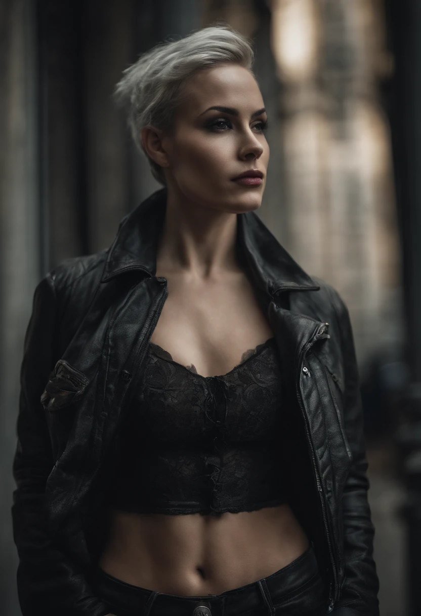 A young girl with a regular figure, cyberpunk beauty in tight jeans, hair shaved short on one side.gothic style