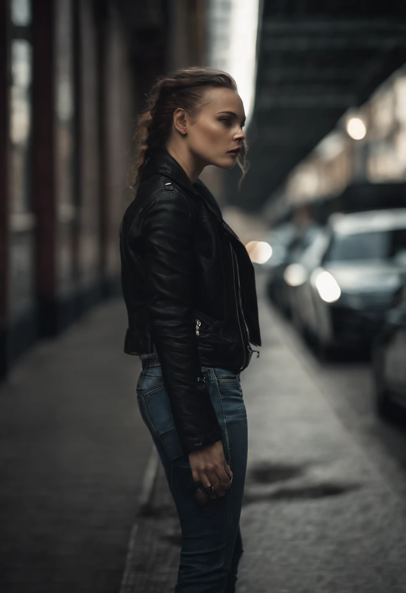 A young girl with a regular figure, cyberpunk beauty in tight jeans, hair shaved short on one side.gothic style