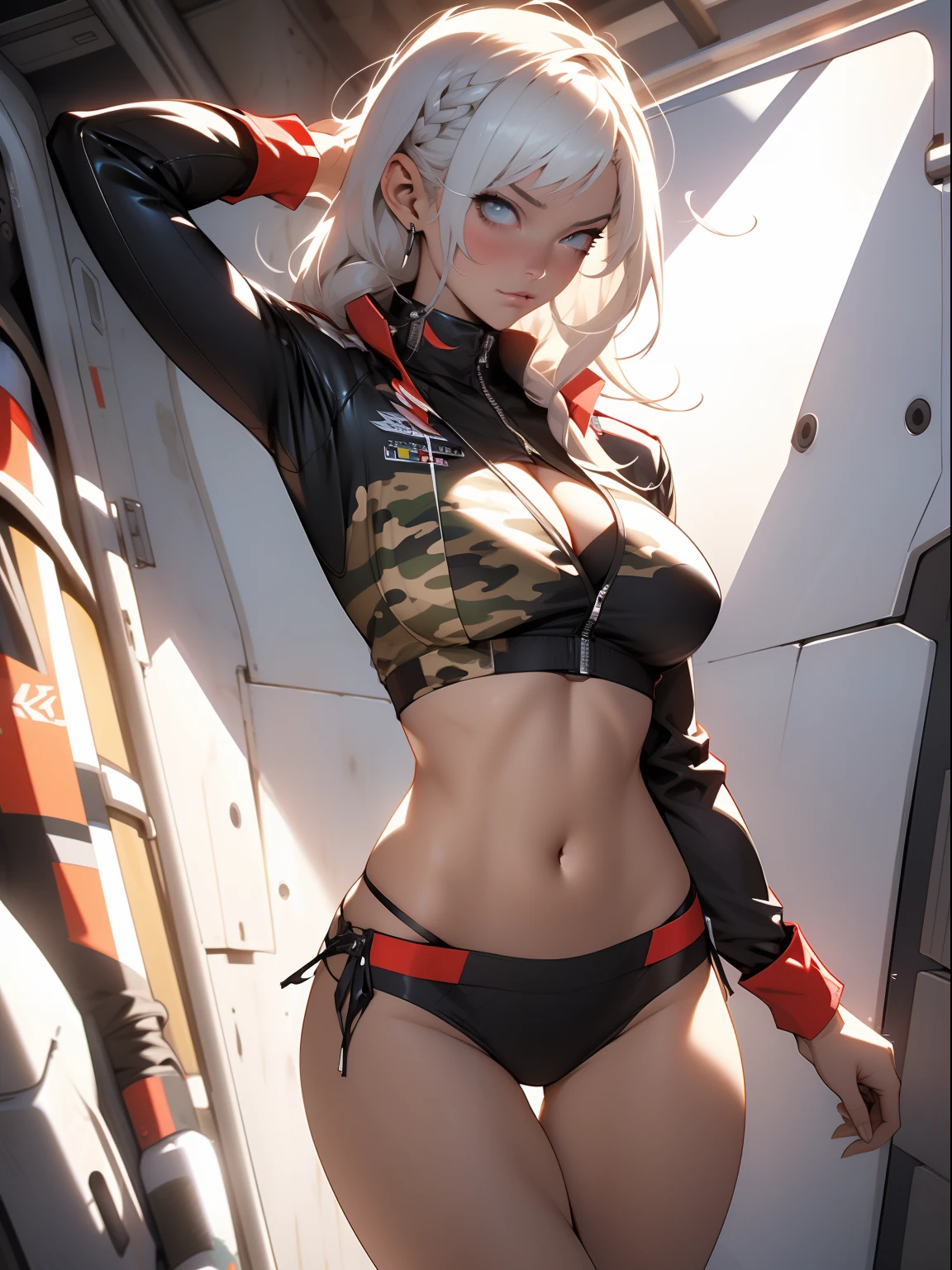 ((Best quality)), ((Masterpiece)), (Detailed: 1.4), (Absurde), A female fighter pilot ready for war in a military bikini, marine, dark skinned, toned body defined, corps entier, Cuisses nues, mouth closed,  Cyberpunk, half-naked, generous neckline, ((Perfect huge breasts)), (Yeux bleu clair super clairs sans pupilles), (((Bikini camouflage militaire)),  (((cheveux blancs avec tresse)))), longs cils maquillage lourd, porte-jarretelles, jumeler beaucoup, niji --V5, close to real, psychopathe, visage parfait, sexy pose, Background with a giant Evangelion head, 2 piece clothes, cake, centered, scale to suit dimensions, Hdr (High Dynamic Range),Ray Tracing, NVIDIA RTX,Super-Resolution,Unreal 5,Dispersion souterraine, PBR Texture, Post-traitement, Filtrage anisotrope, profondeur de champ, Maximum Clarity and Sharpness, Textures multicouches, Albedo and specular maps, Ombrage de surface, Accurate Simulation of Light-Material Interaction, Proportions parfaites, Rendu octane, two tone lighting, Grande ouverture, ISO faible, Balance des blancs, Rule of Thirds, 8K RAW, Crysisnanosuit Bikini, thigh gap, belles hanches, nice thighs, show knees