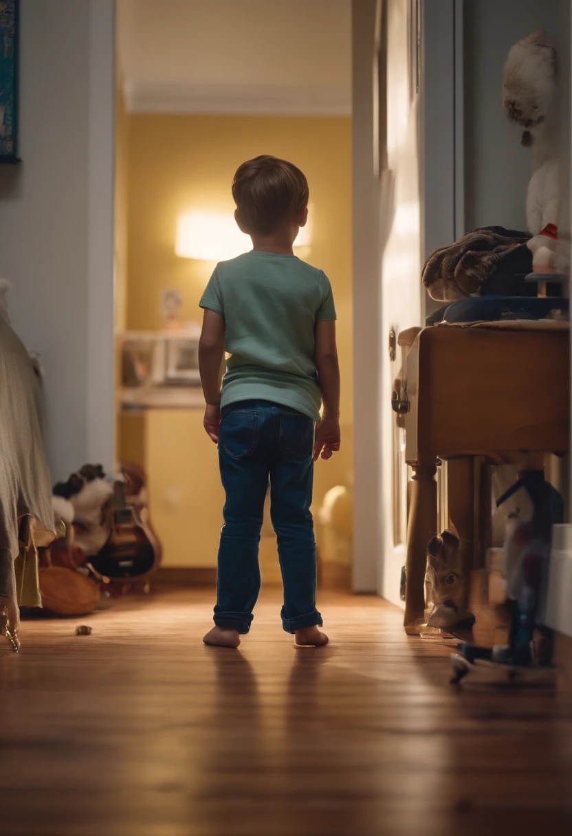 The scene represents a teenager's bedroom, with posters of rock bands on the walls and clothes thrown on the floor. In one corner, near a miniature electric train, there is a boy about 10cm tall, with a scared expression on his face. He is the younger brother who was shrunken by a science experiment gone wrong.
His teenage brother is walking barefoot in his room, risking trampling on his little brother with every step. The contrast in scale between the two brothers is evident: the larger one appears like a giant, while the smaller one is tiny and defenseless. His vulnerability arouses anguish and a sense of protection in the viewer.
The light coming from the window creates disturbing shadows that accentuate the danger. The big brother's bare feet, so huge next to the tiny boy, increase the feeling of looming threat. The terrified look of his shrunken little brother and his collected posture convey all his fear and helplessness.
It could represent the contrast between innocence and danger, protection and vulnerability, highlighting the fraternal bond but also the casual cruelty of life. The unbalanced proportions create a sense of alienation and restlessness in the viewer.